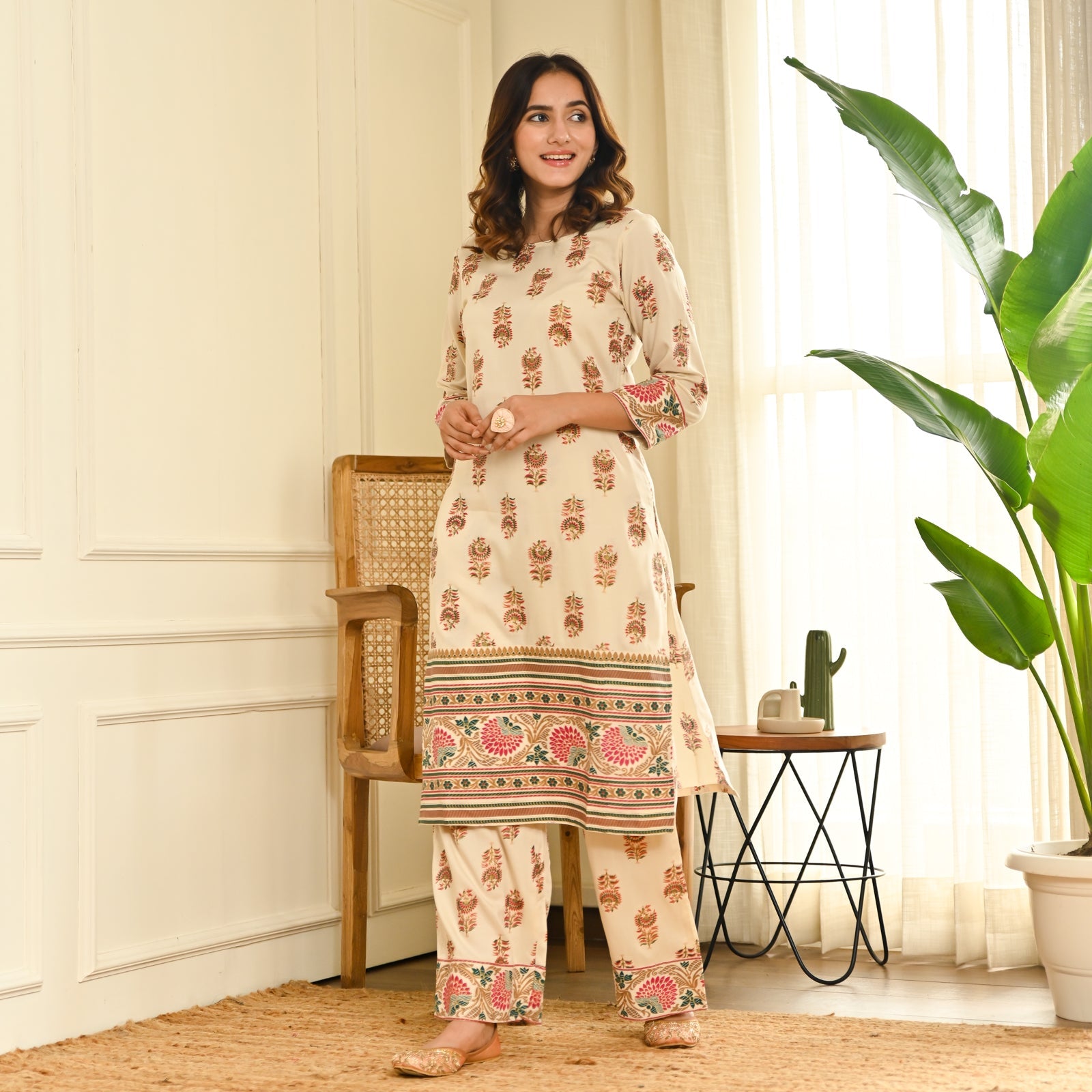 BlackTree Cream Boota Straight Kurta Pant Set - view 4