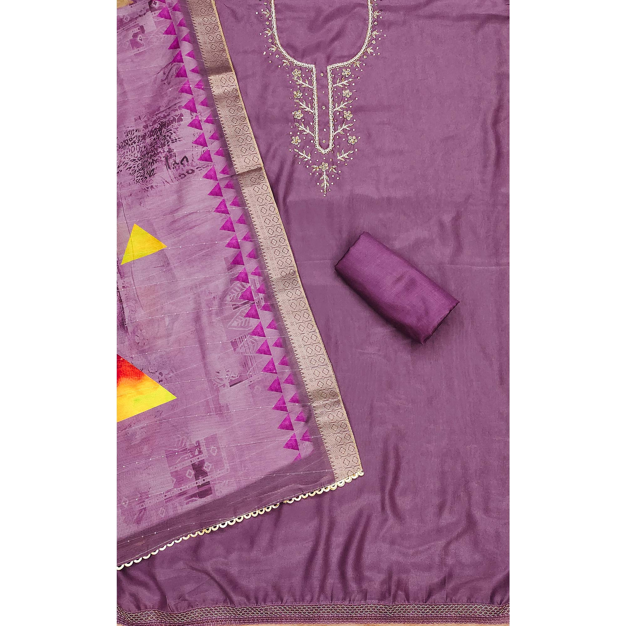 Peachmode Purple Handwork Simmer Jacquard Dress Material - view 4