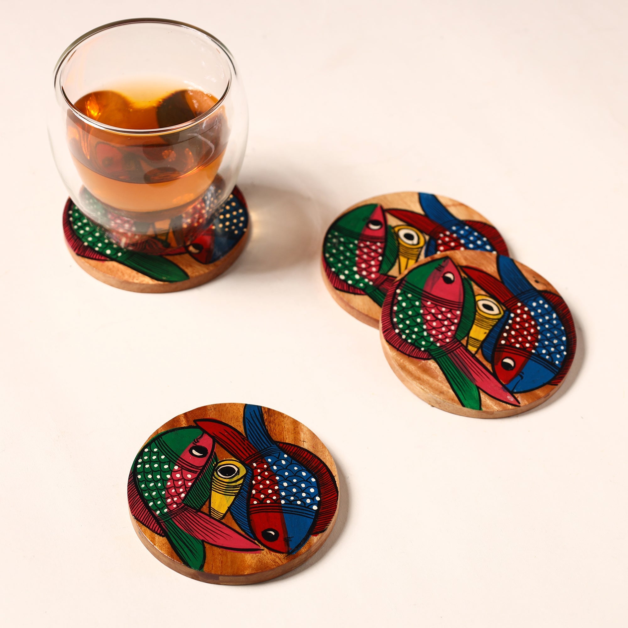ITOKRI CRAFTS INITIATIVE Bengal Patua Handpainted Akashmoni Wooden Coasters (Set of 4) 25