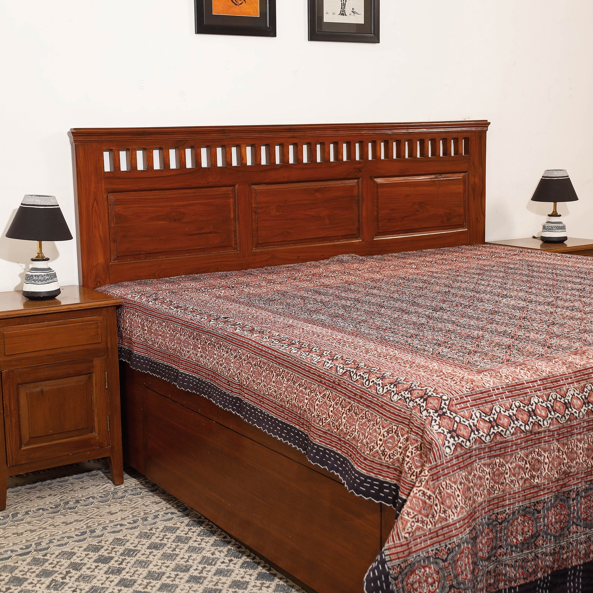SHADES OF MARUDHARA Brown - Ajrakh Block Printed Kantha Work Cotton Double Bed Cover (105 x 90 in)