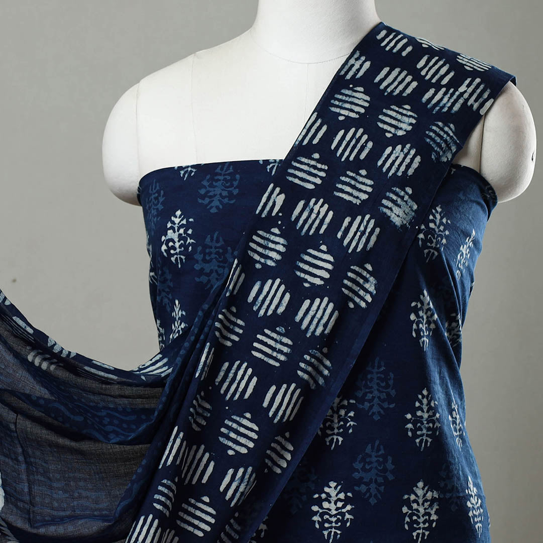ARTISAN HAND BLOCK PRINTS Blue - 3pc Cotton Indigo Bagru Print Dress Material Set 05 - view 3
