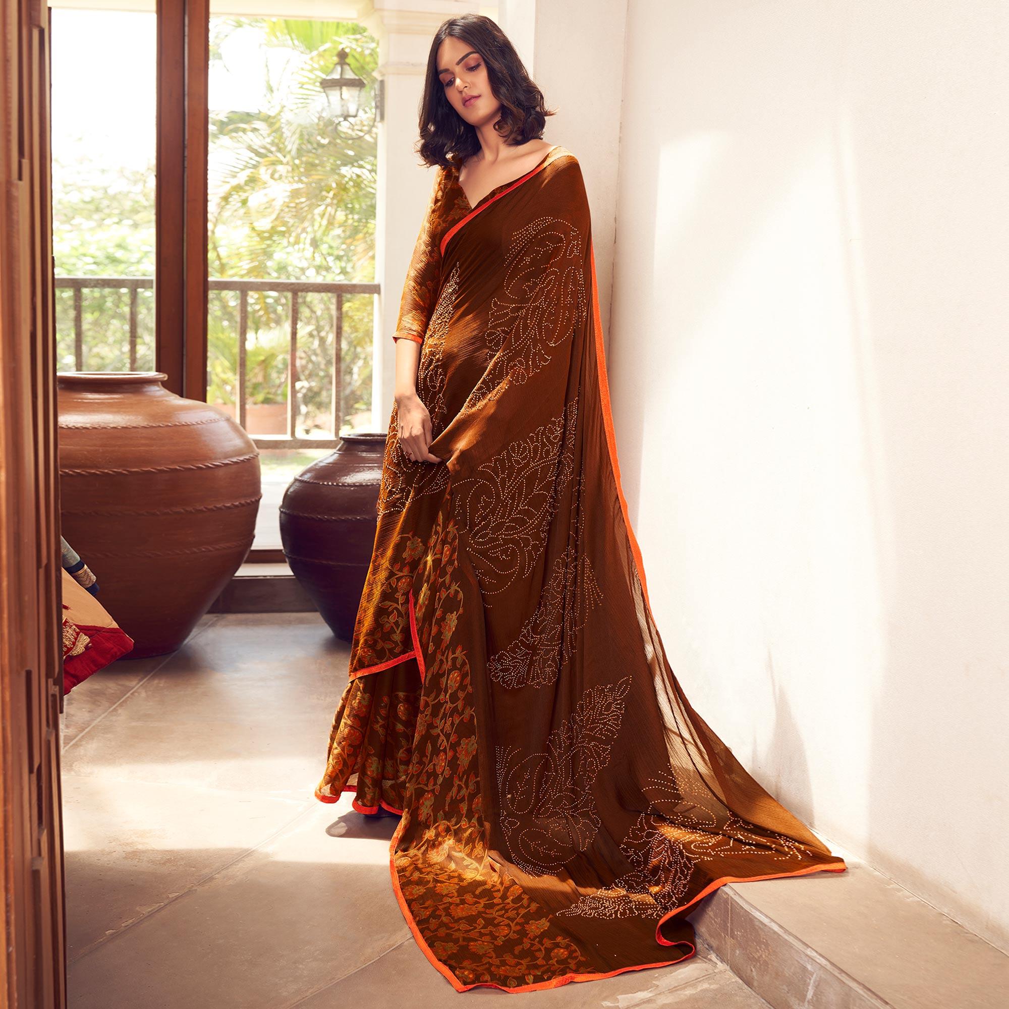 Peachmode Brown Casual Wear Printed Velvet Chiffon Saree