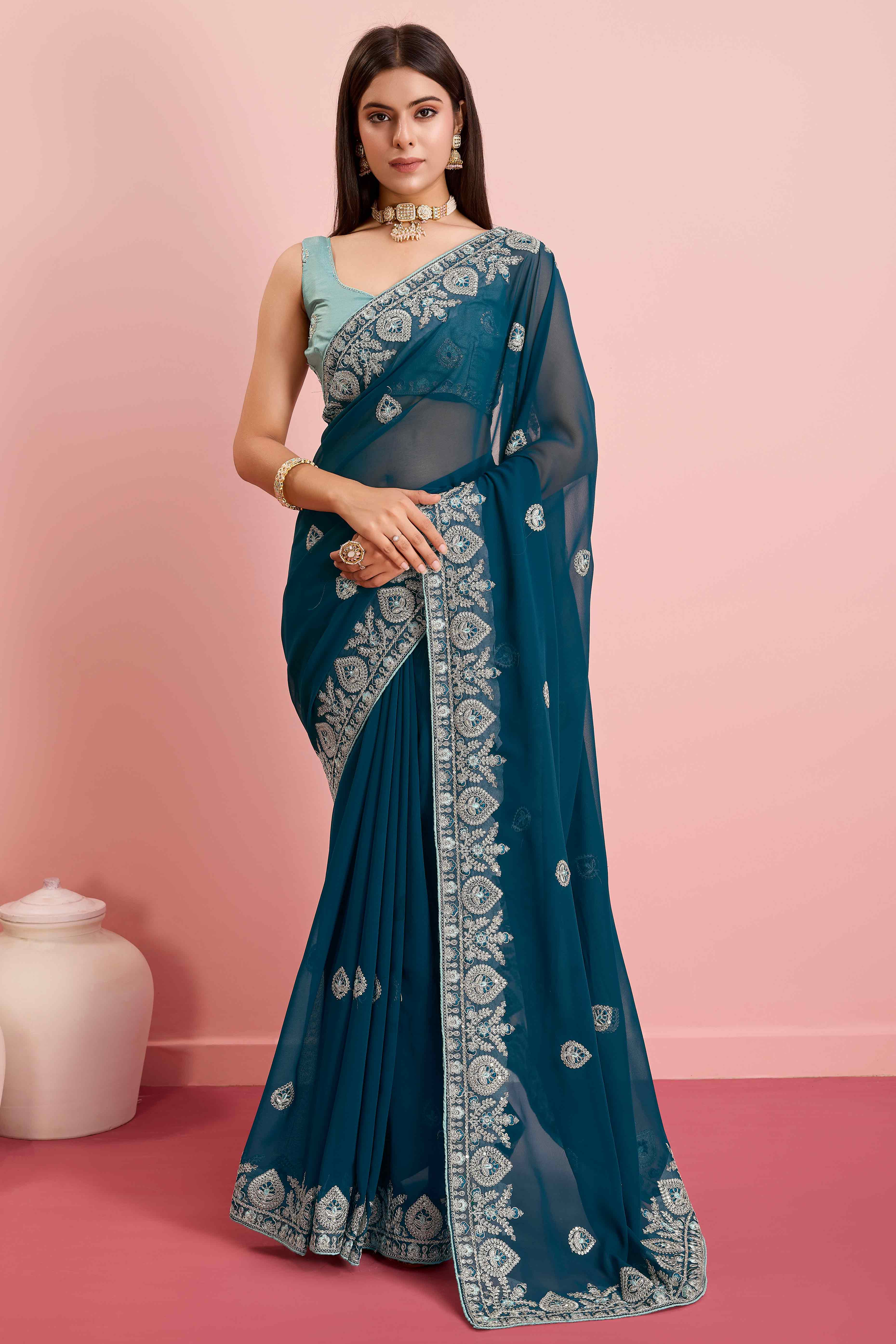 Peachmode Morpich Blue Floral Sequins Embroidered Georgette Saree - view 3