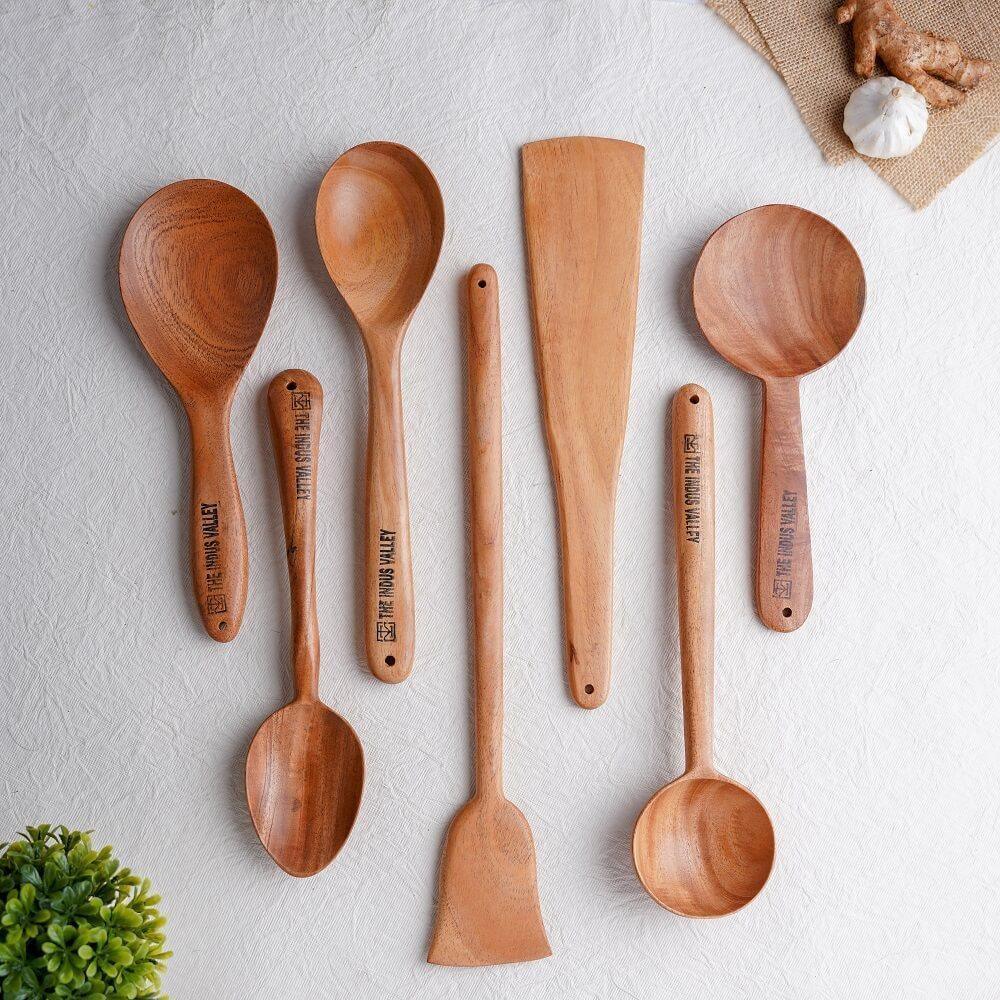 The Indus Valley 100% Natural Neem Wood Cooking & Serving Spoons/Spatula/Ladles, Set of 7, Toxin-free, Anti-microbial
