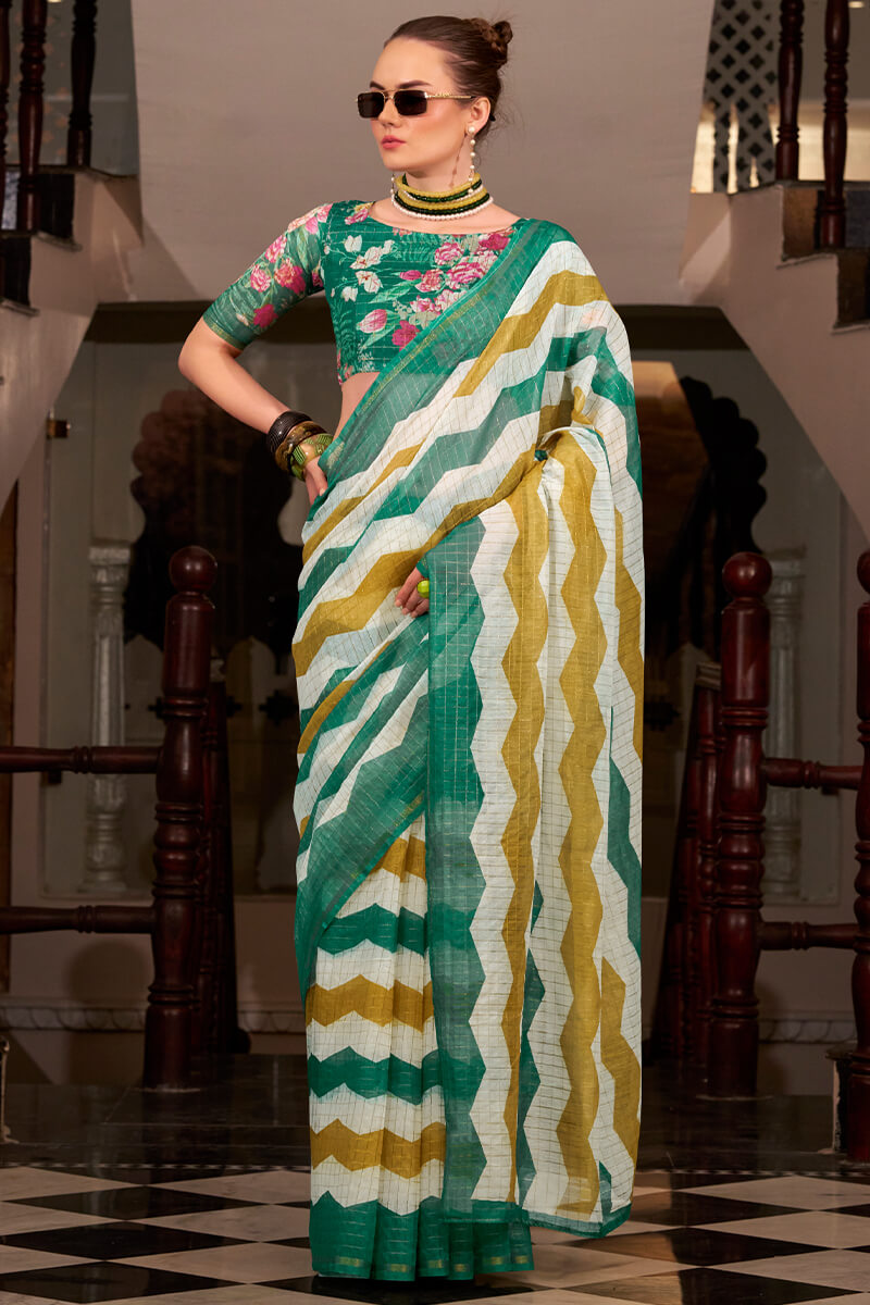 Rajpath Ratatouille Green and Mustard Digital Printed Cotton Silk Saree With Engaging Blouse Piece