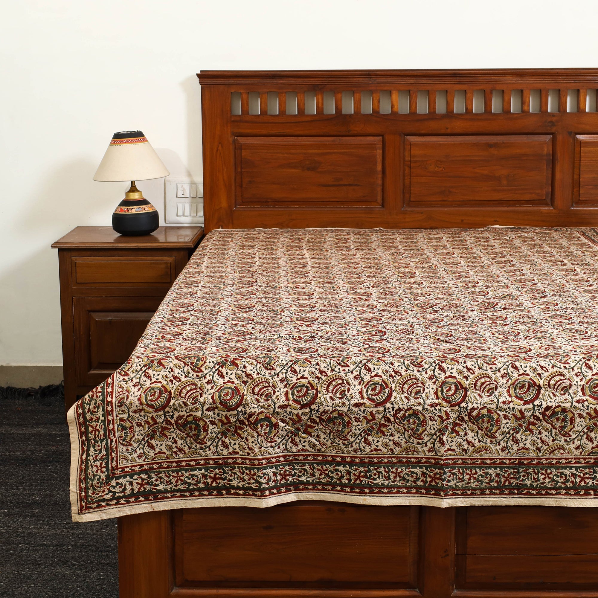 PITCHUKA SRINIVAS KALAMKARI PEDANA Beige -Block Print Cotton Pedana Kalamkari Bed Sheet 06