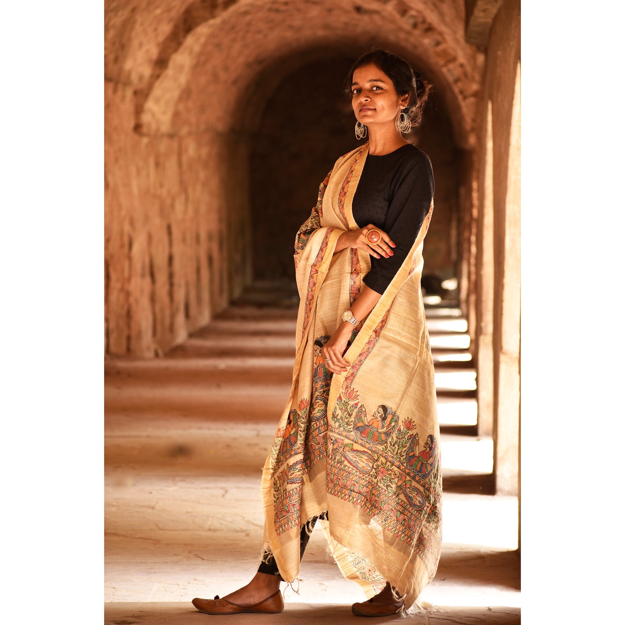 Beige - Diorama Designs Zari Border Tussar Silk Dupatta - view 5