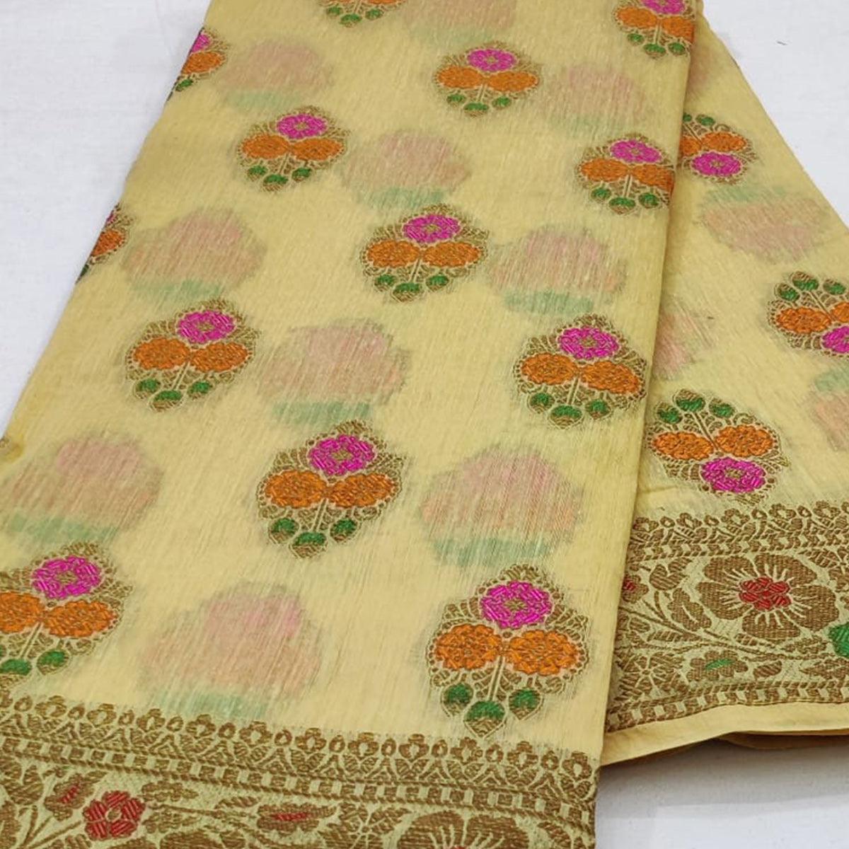Peachmode Cream Festive Wear Woven Cotton Saree With Meena Butta Pallu - view 2