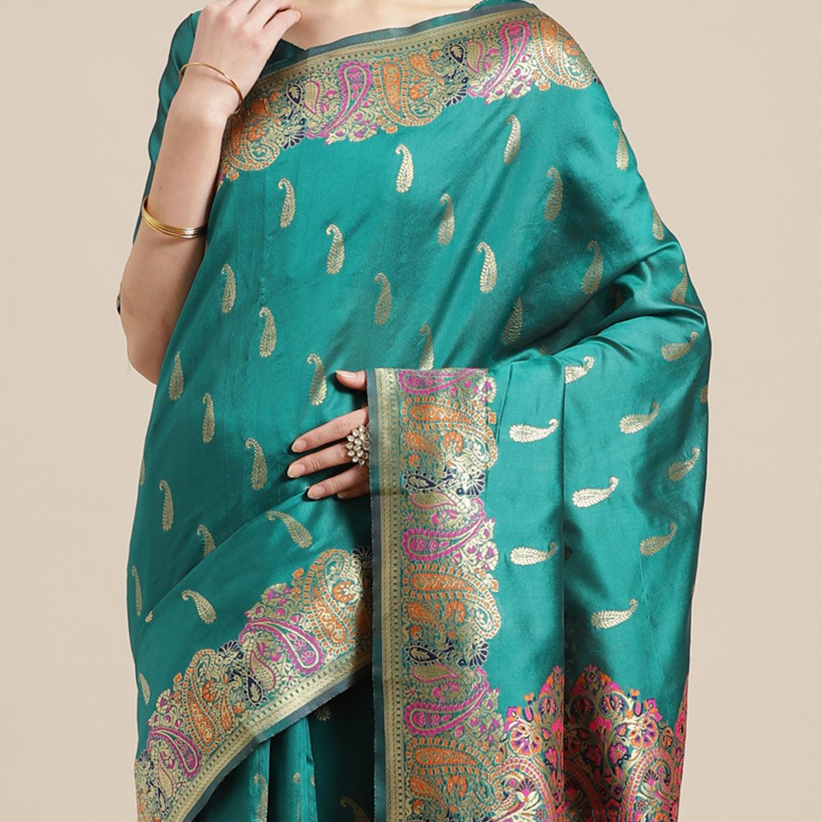 Peachmode Jazzy Green Colored Festive Wear Woven Silk Blend Saree - view 2