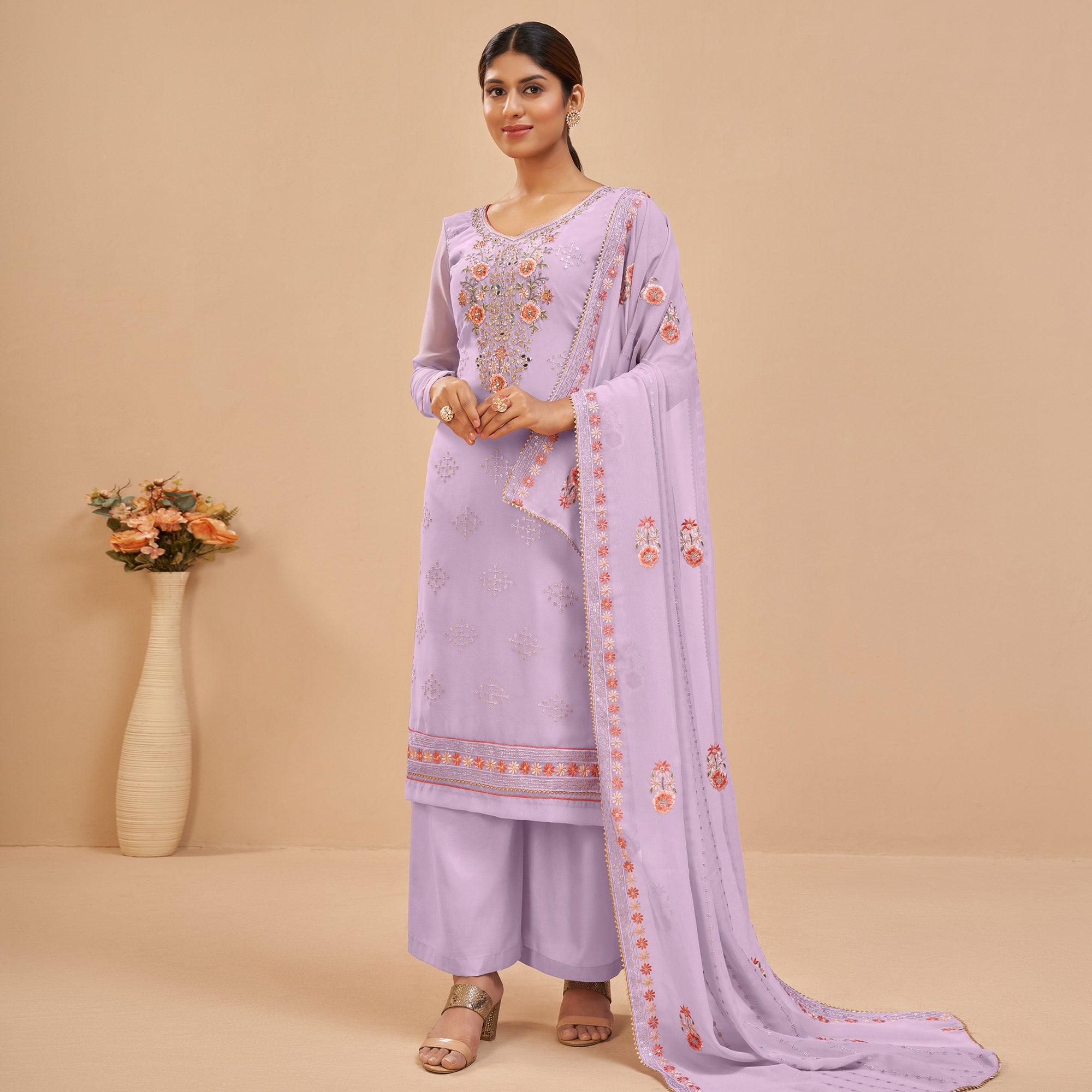 Peachmode Lavender Party Wear Embroidered Georgette Suit - view 4