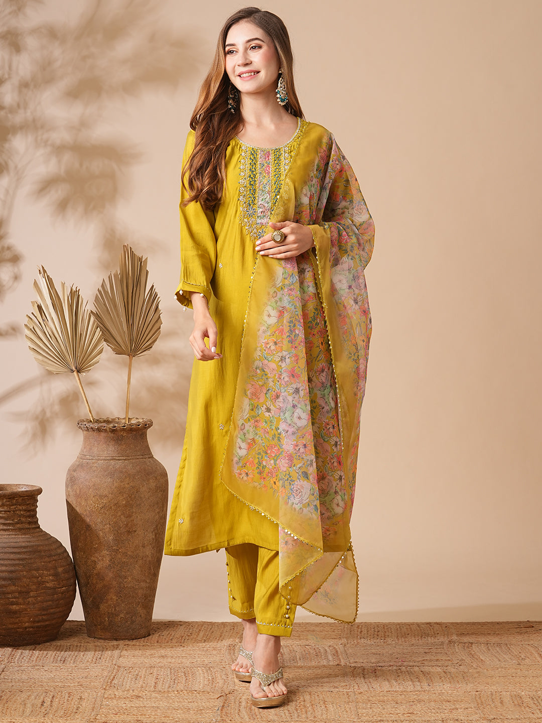 Fashor Solid Zardozi, Mirror & Stone Embroidered Kurta with Pants & Floral Dupatta - Lime Green - view 4