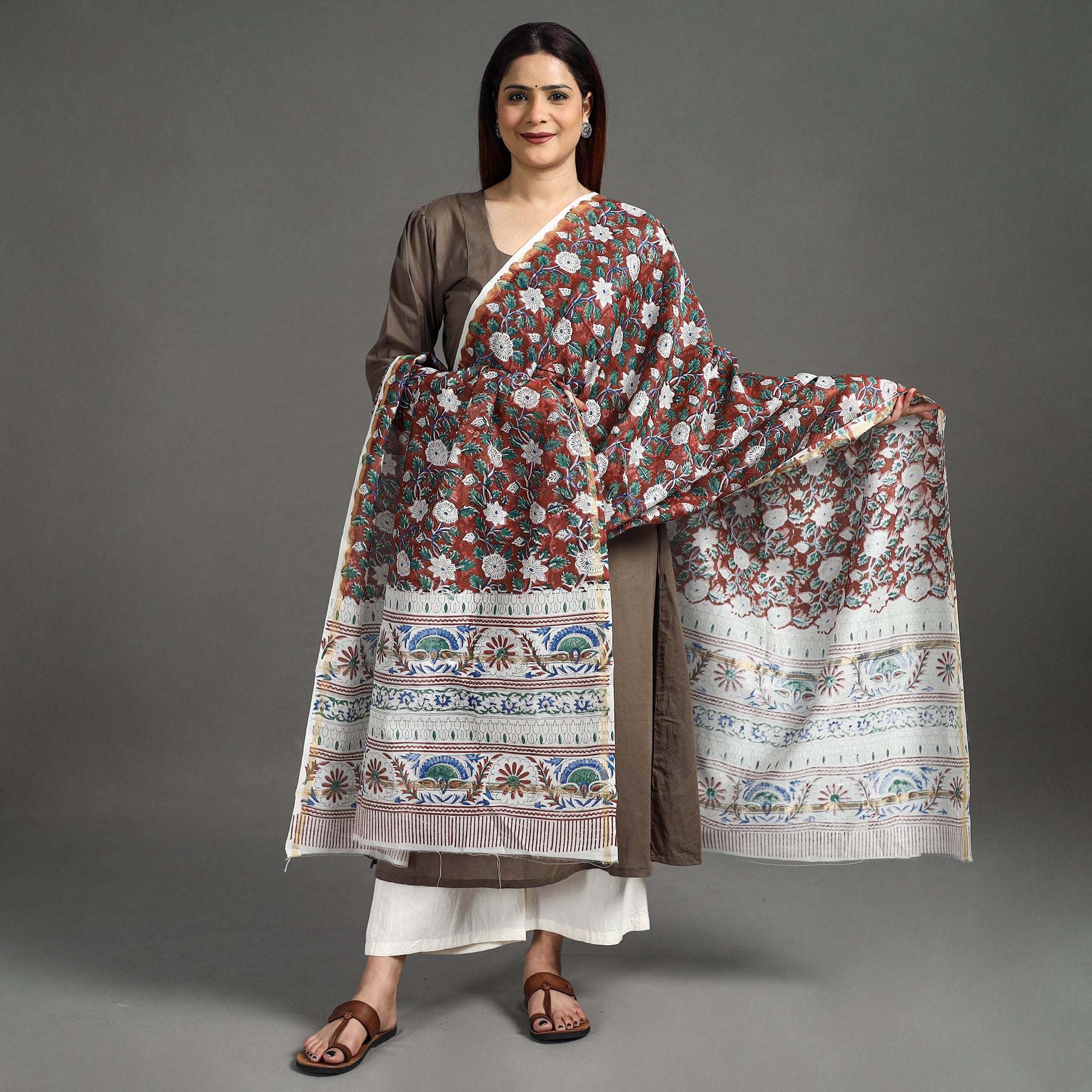 ARTISAN HAND BLOCK PRINTS Brown - Handloom Chanderi Silk Sanganeri Print Dupatta 07