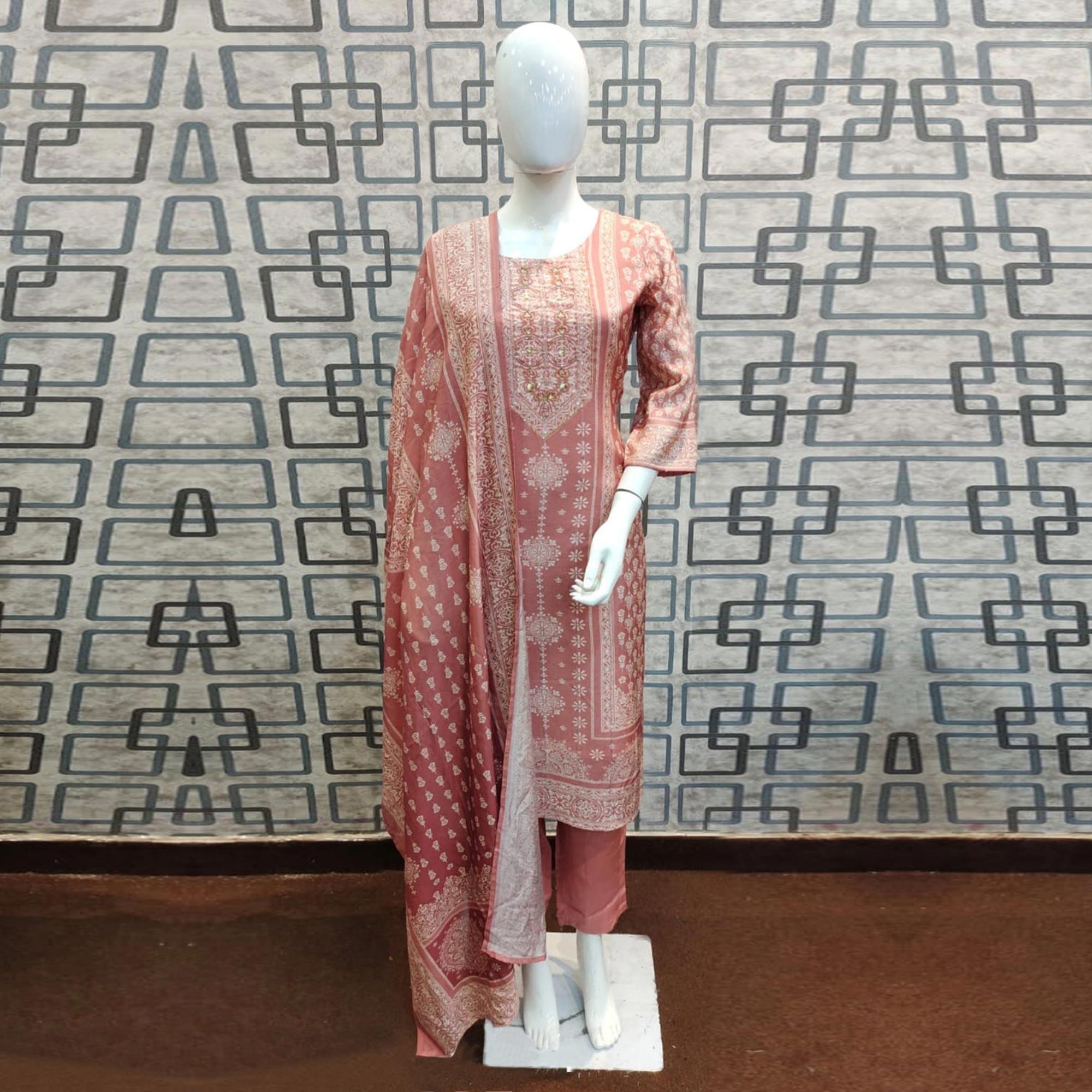 Peachmode Mauve Printed With Sequins Embroidered Pure Cotton Salwar Suit