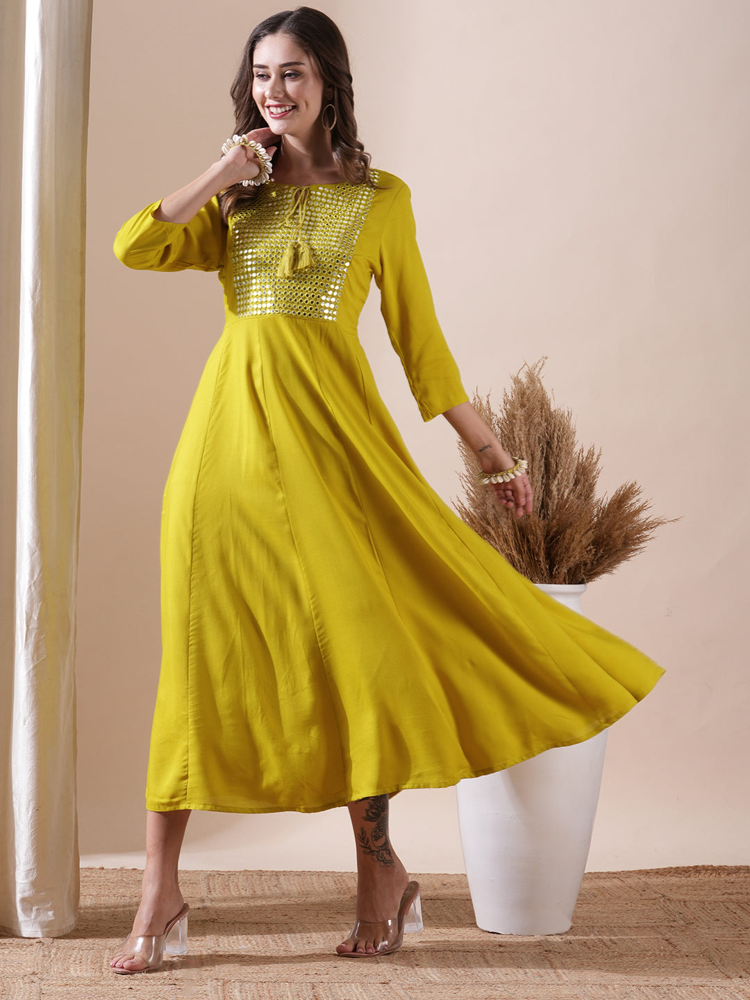 Fashor Solid Mirror & Resham Embroidered Anarkali Kurta - Yellow - view 4