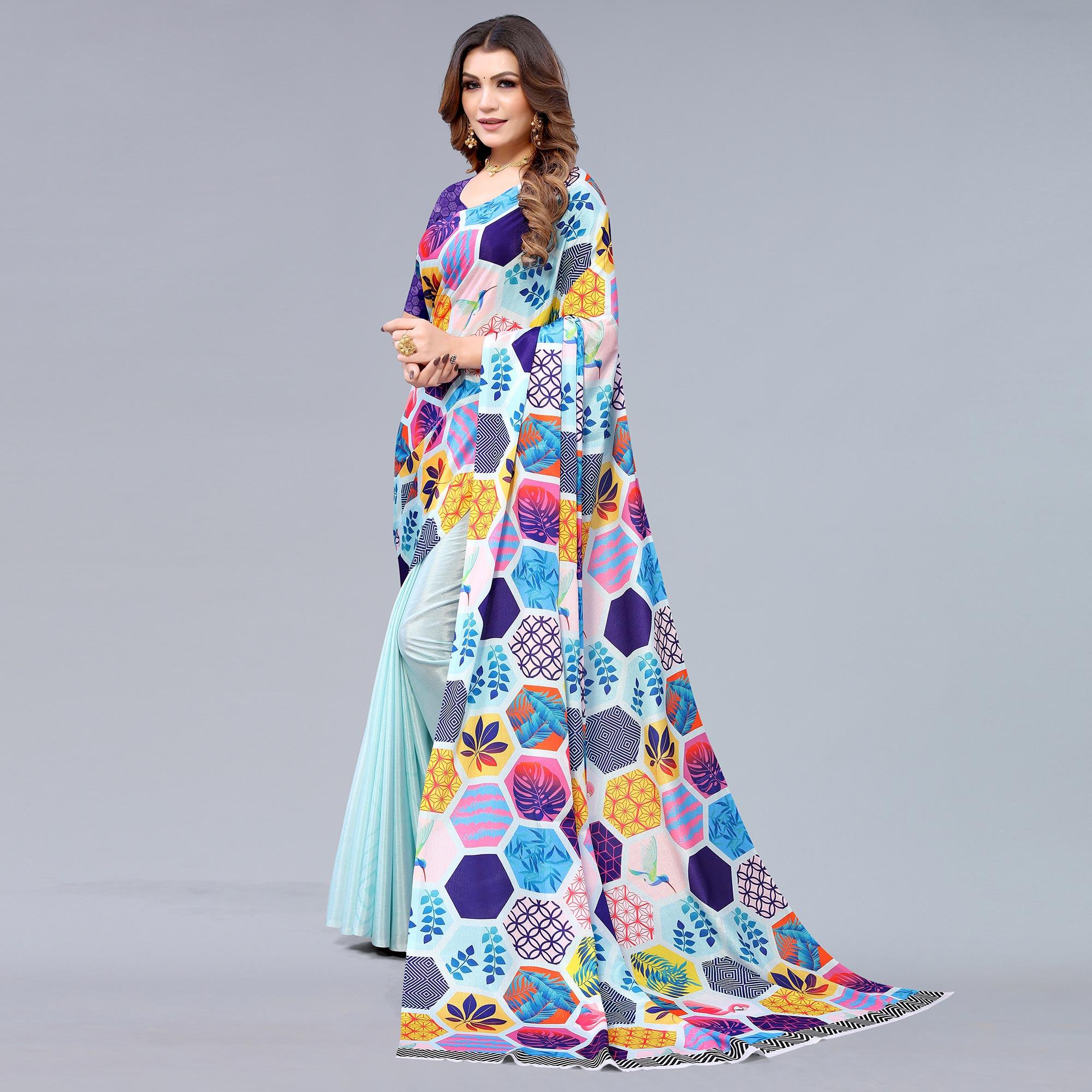 Peachmode Light Blue Floral Printed Chiffon Half and Half Saree - view 4