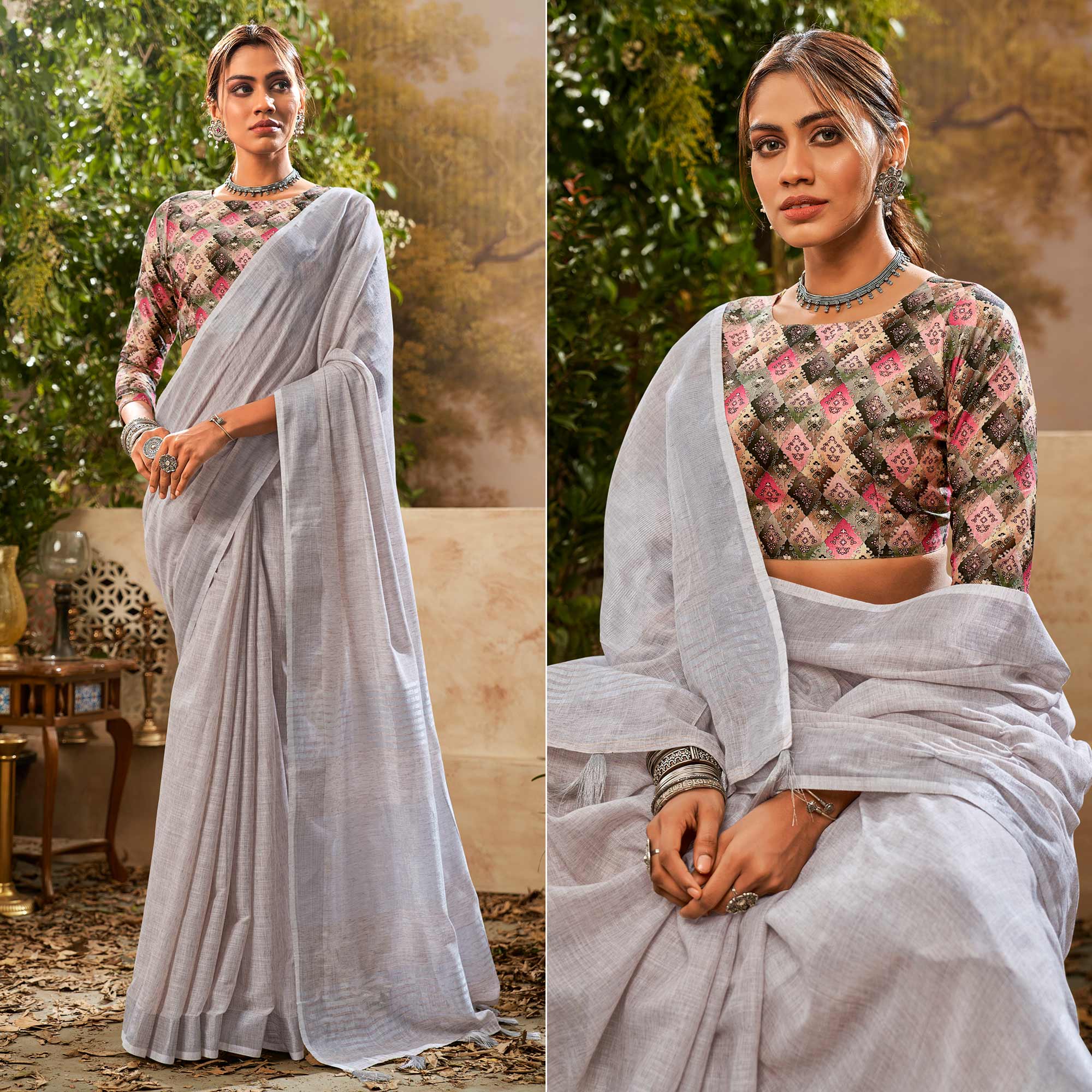 Peachmode Grey Woven Pure Cotton Saree With Tassels