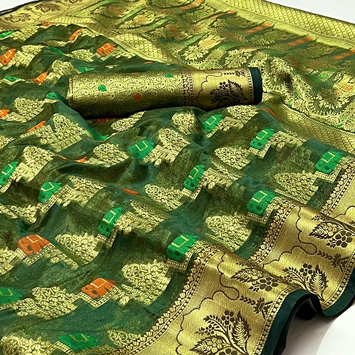 Peachmode Dark Green Woven Organza Saree – Women's - view 2