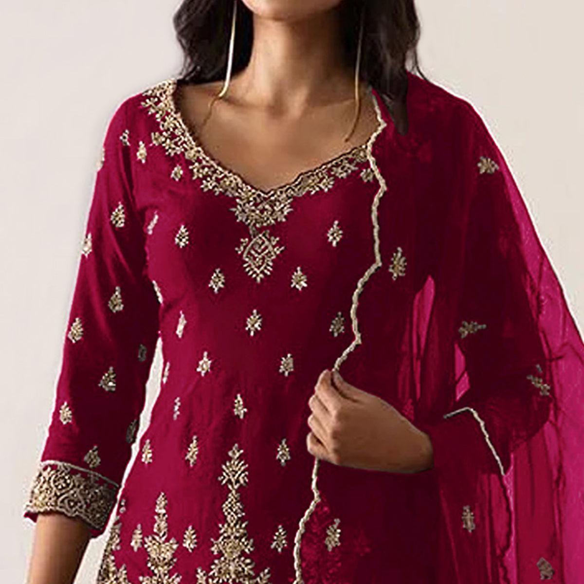 Peachmode Maroon Embroidered Georgette Sharara Suit - view 3