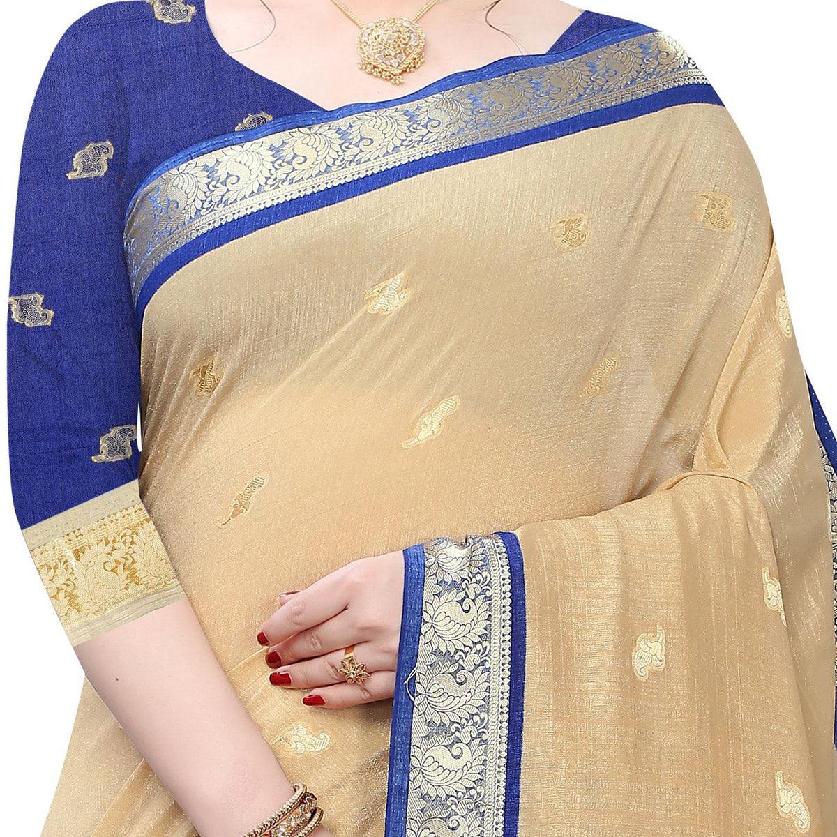 Peachmode Intricate Beige Colored Festive Wear Woven Vichitra Silk Saree - view 2
