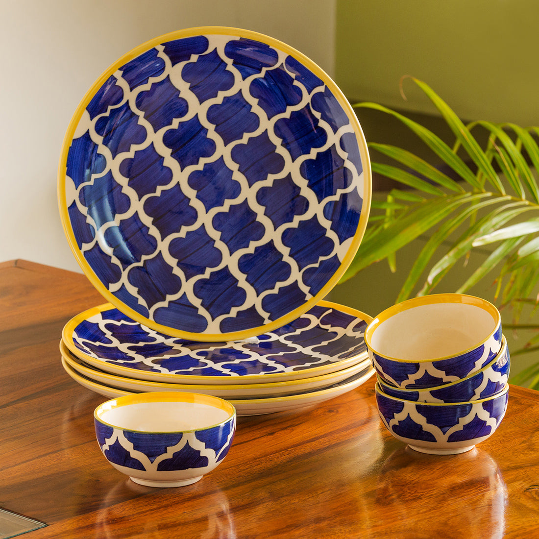 EXCLUSIVELANE Blue - 'Moroccan Dining' Handpainted Ceramic Dinner Plates With Katoris (8 Pieces, Serving for 4)