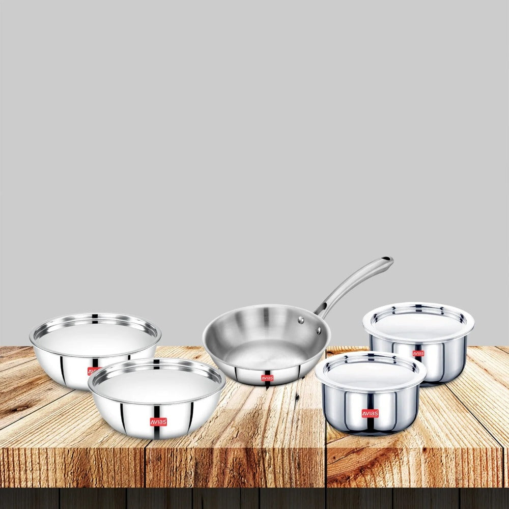 AVIAS Stainless steel Tri-Ply Riara (Tasla 20cm + Tasla 22cm + Frypan 22cm + Tope 14cm + Tope 16cm) | Induction Compatible | Silver | Set of 5 Pcs