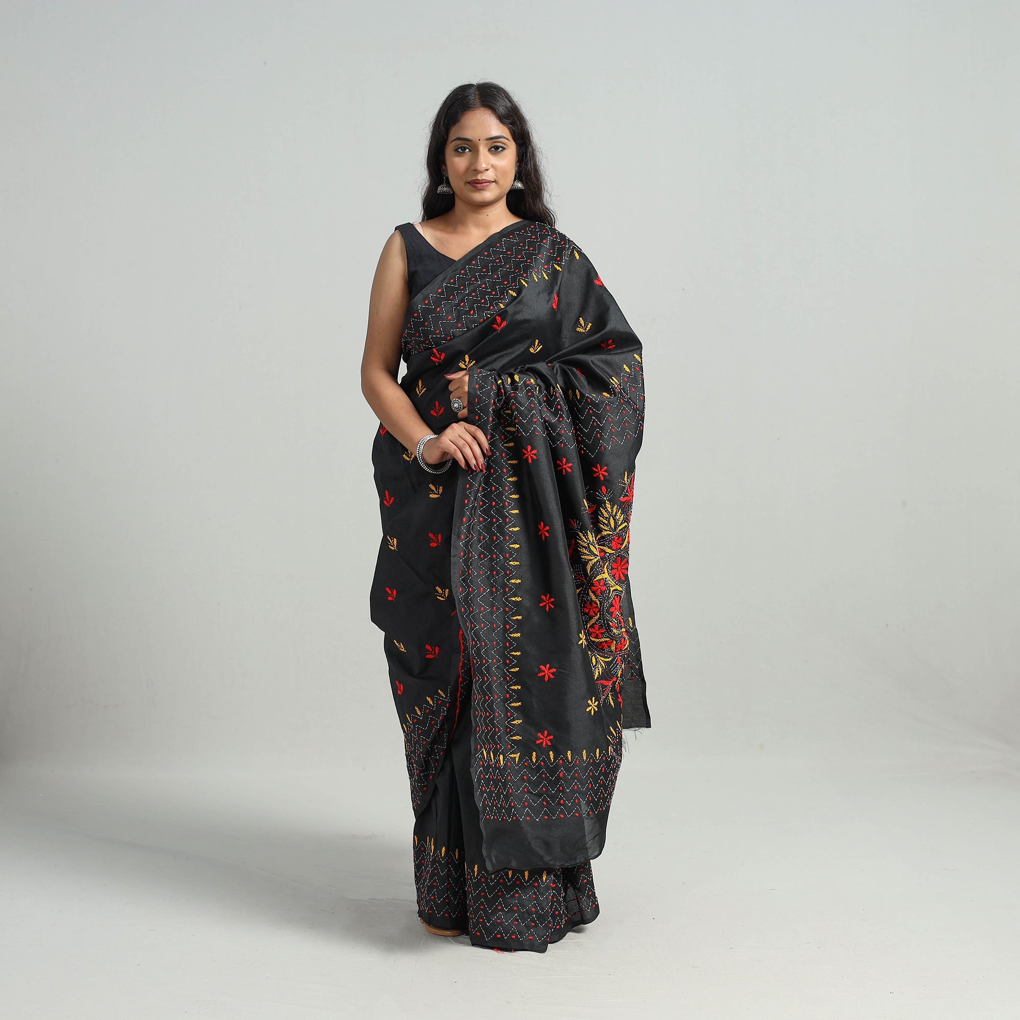 ITOKRI CRAFTS INITIATIVE Black - Bengal Nakshi Kantha Embroidery Silk Saree 42