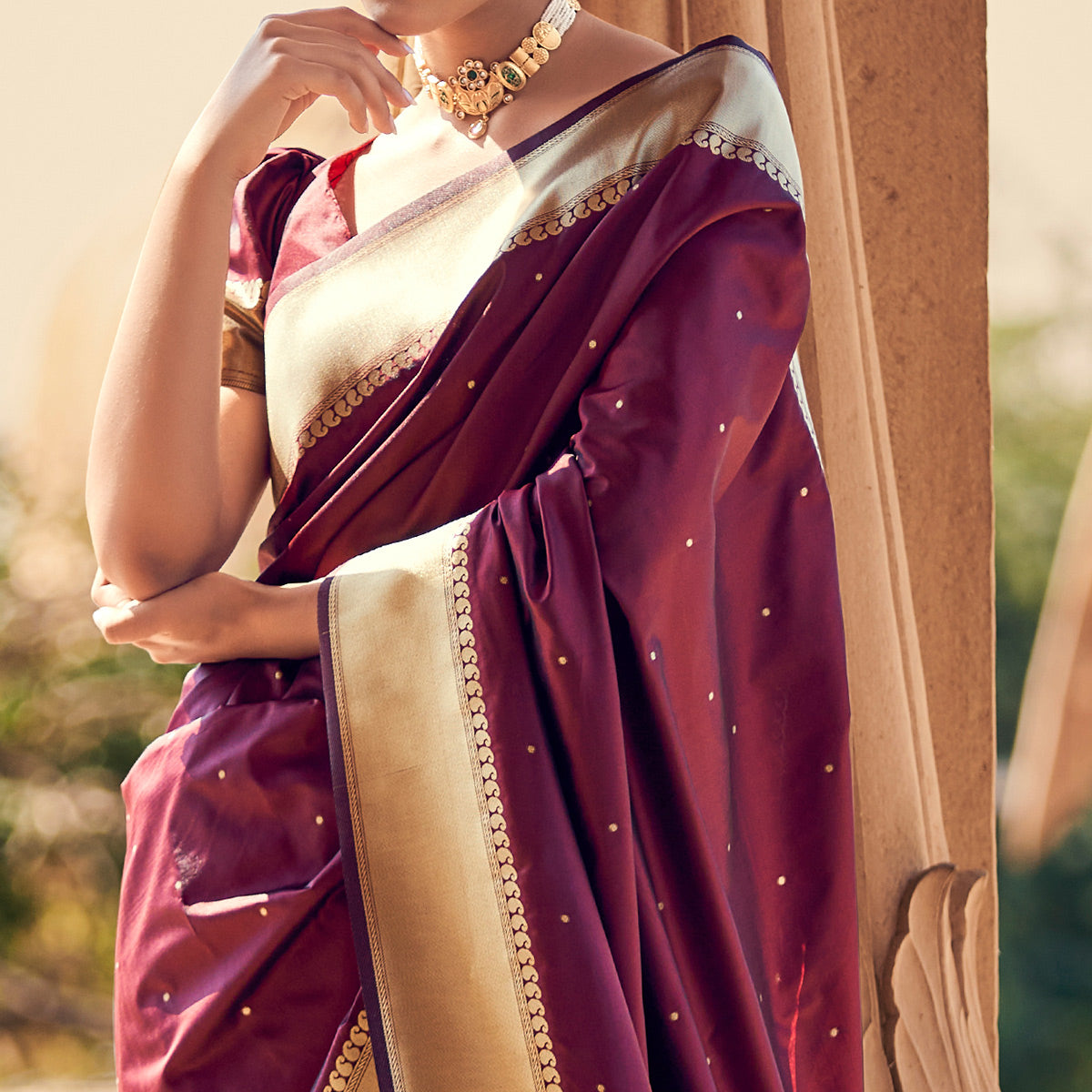 Peachmode Maroon Woven Satin Saree – Women's - view 2