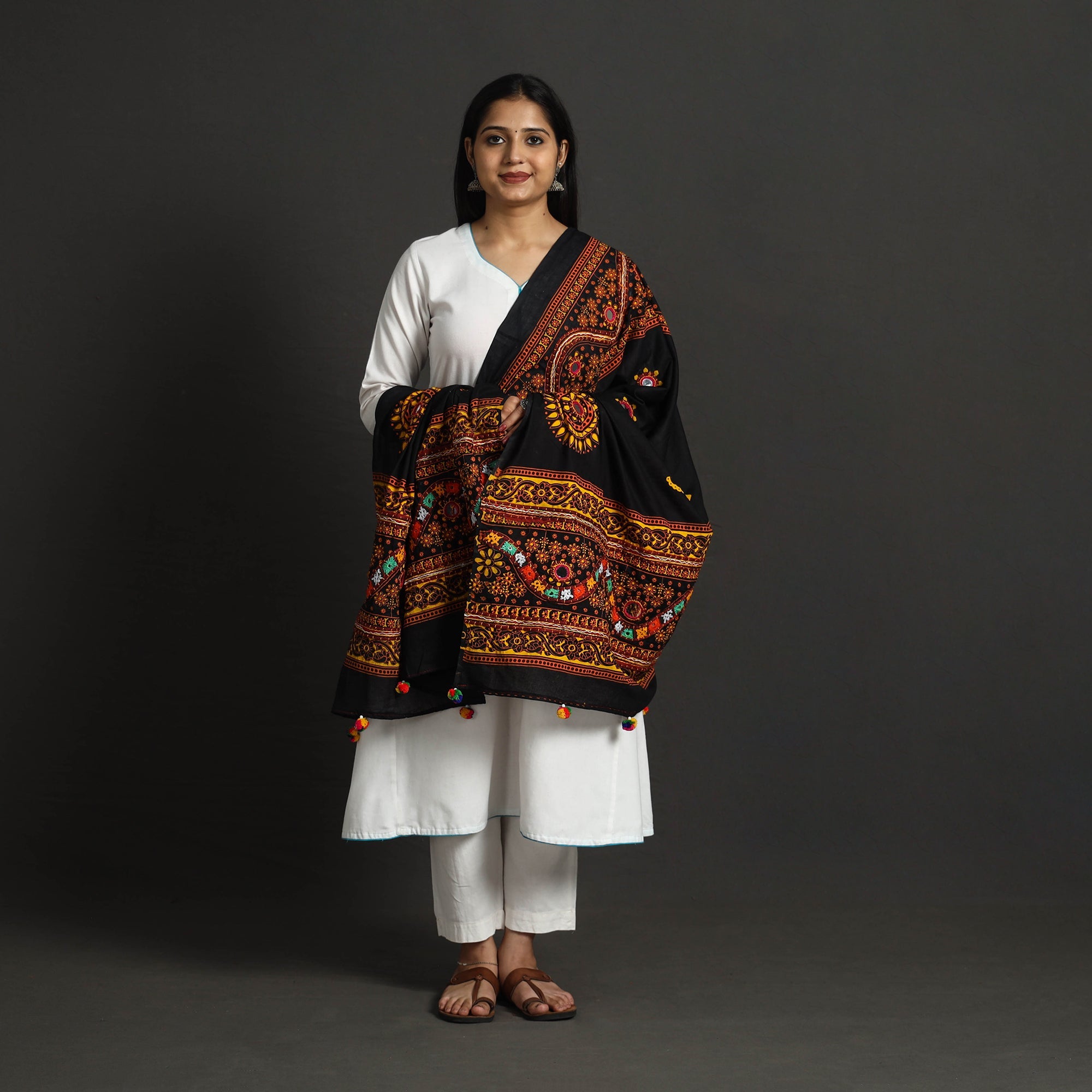 KACHCHH JI CHHAAP Black - Mirror Work Printed Cotton Kutch Embroidery Dupatta 01 - view 3