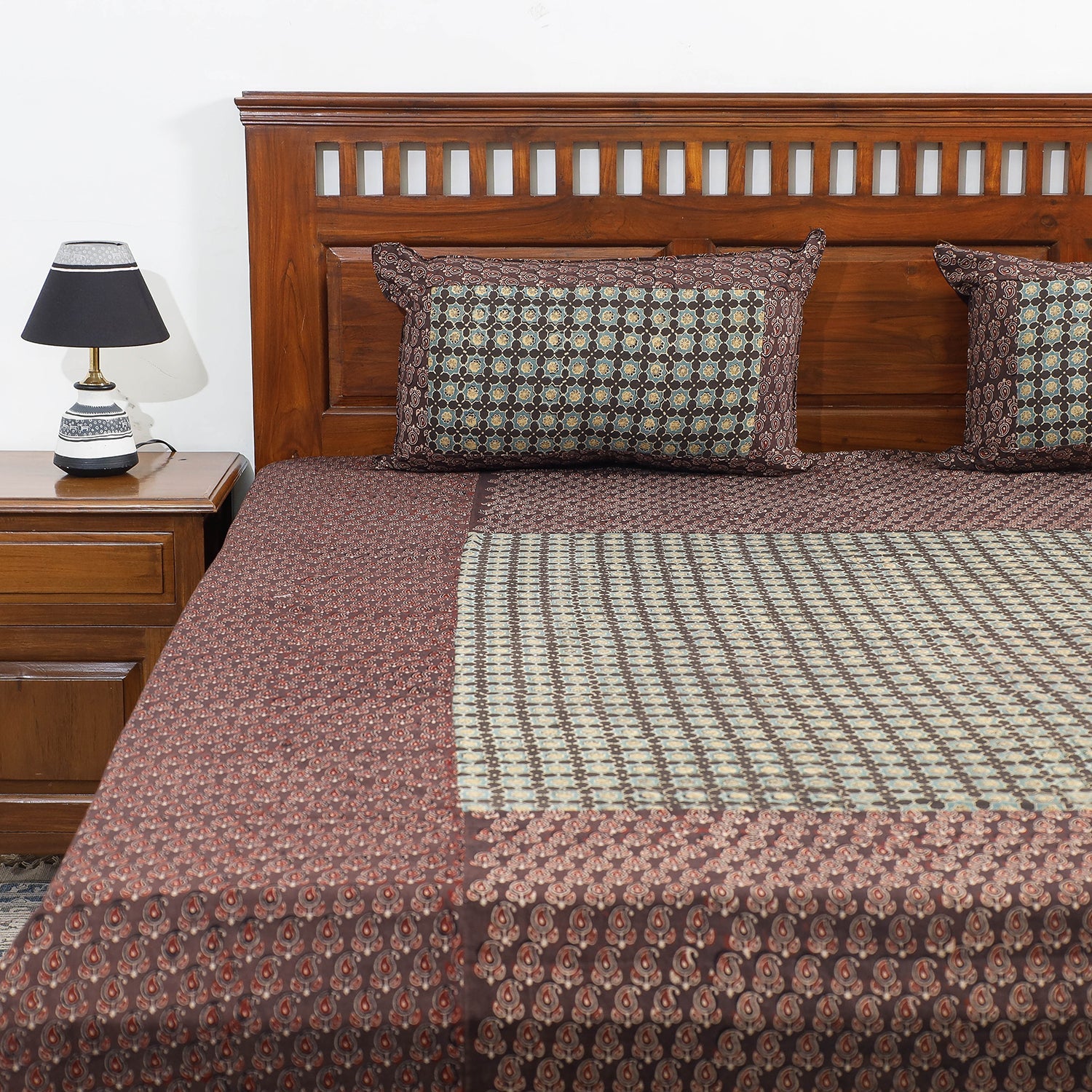 HAVELI CHRONICLES Brown - Ajrakh Patch Tukdi Kaam Cotton Double Bed Cover with Pillow Covers (109 x 86 in) - view 2