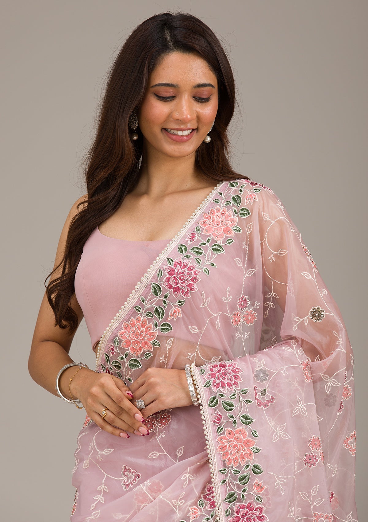 Koskii Onion Pink Threadwork Organza Saree – Women's - view 6