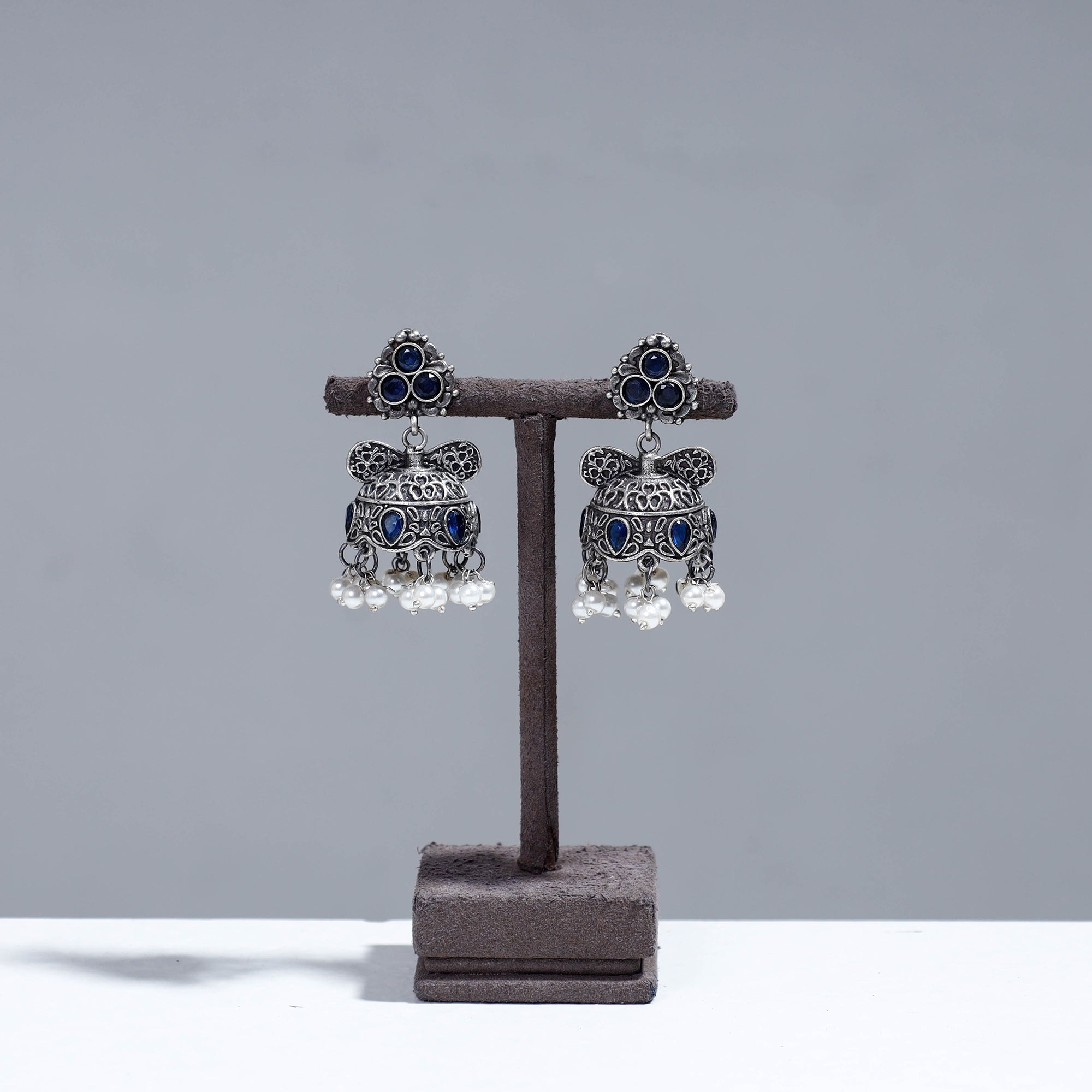 WHITE RIVER STORIES Antique Silver Finish Oxidised Brass Base Stone Work Jhumki Earrings