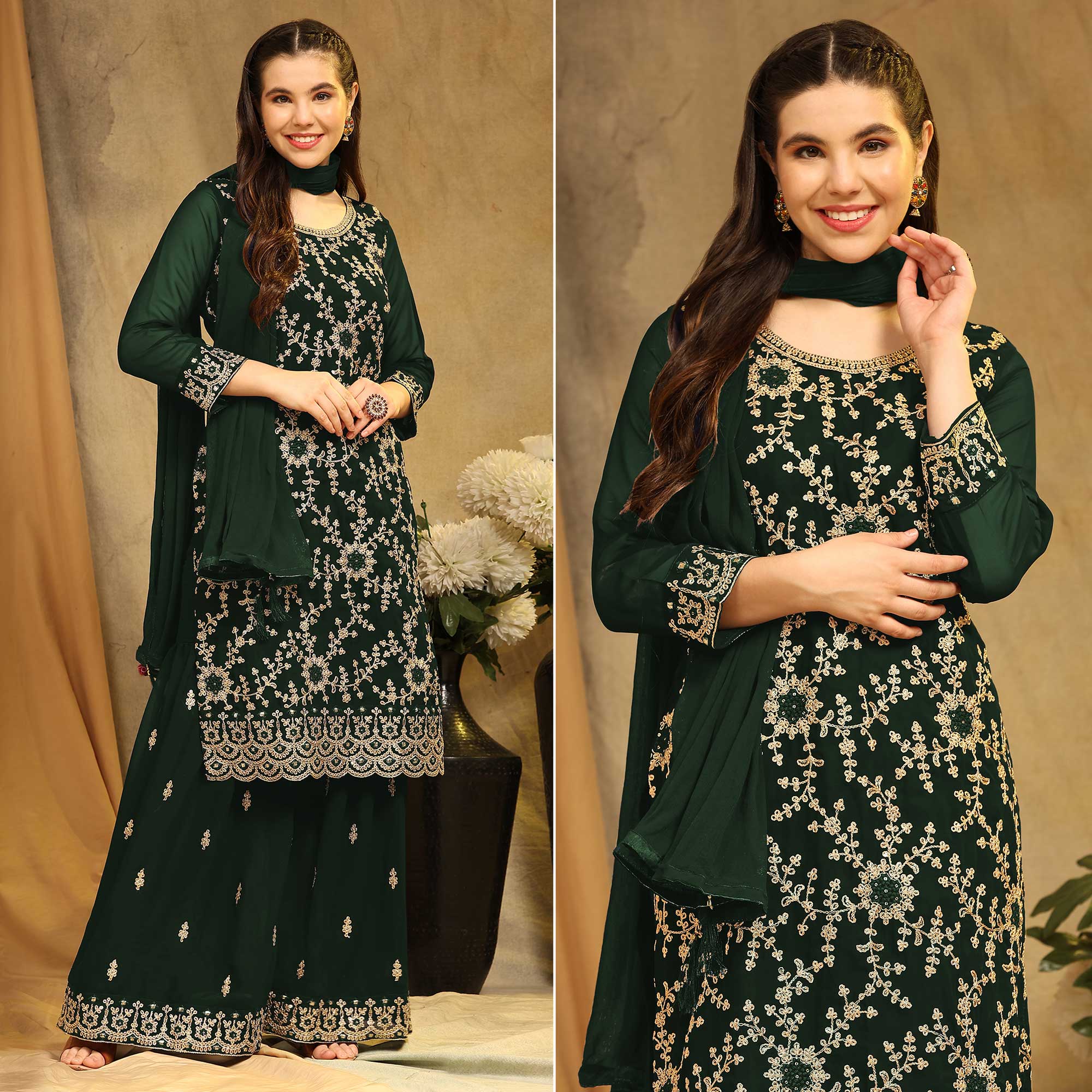Peachmode Bottle Green Floral Embroidered Georgette Semi Stitched Suit