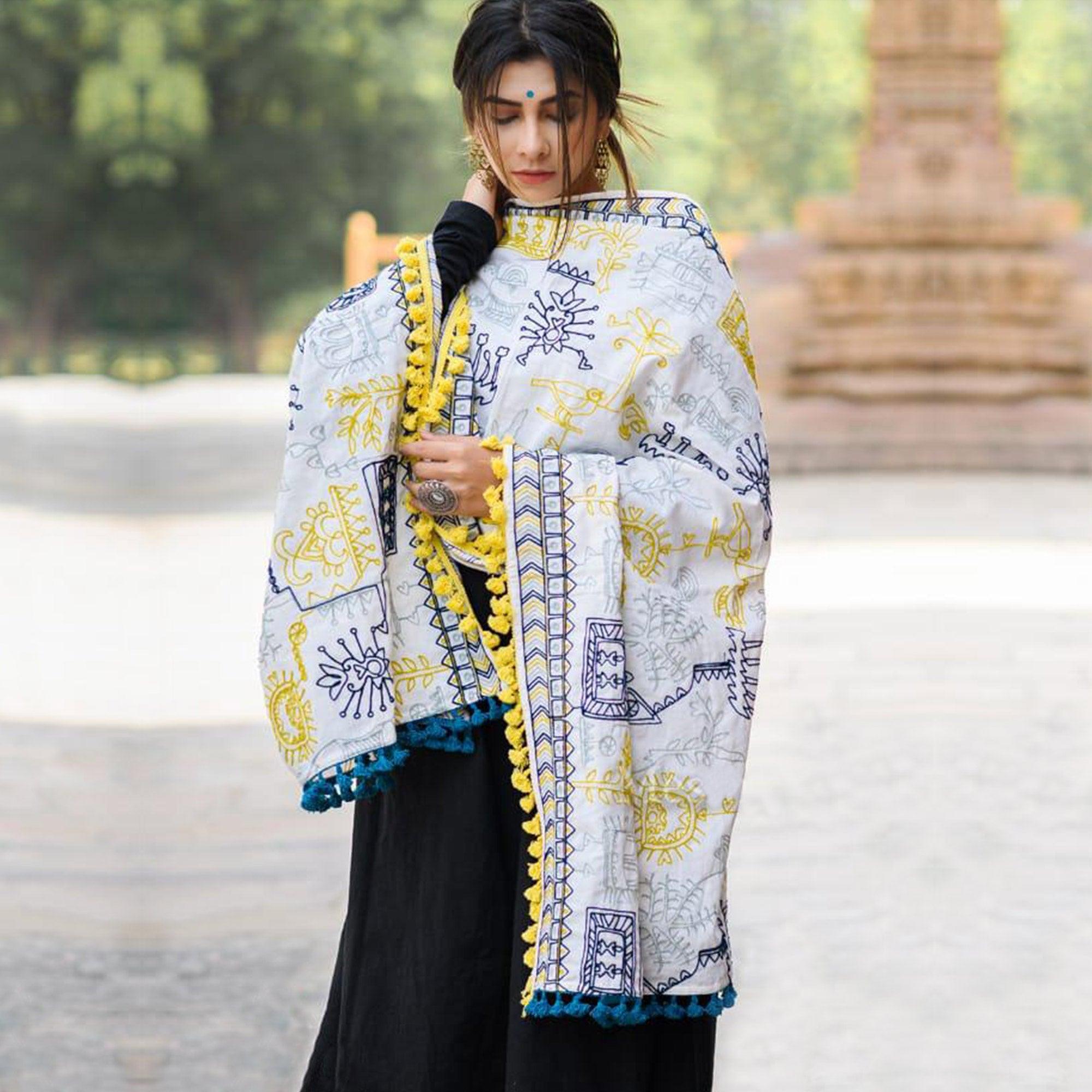 Peachmode Exclusive White Colored Embroidered Cotton Dupatta