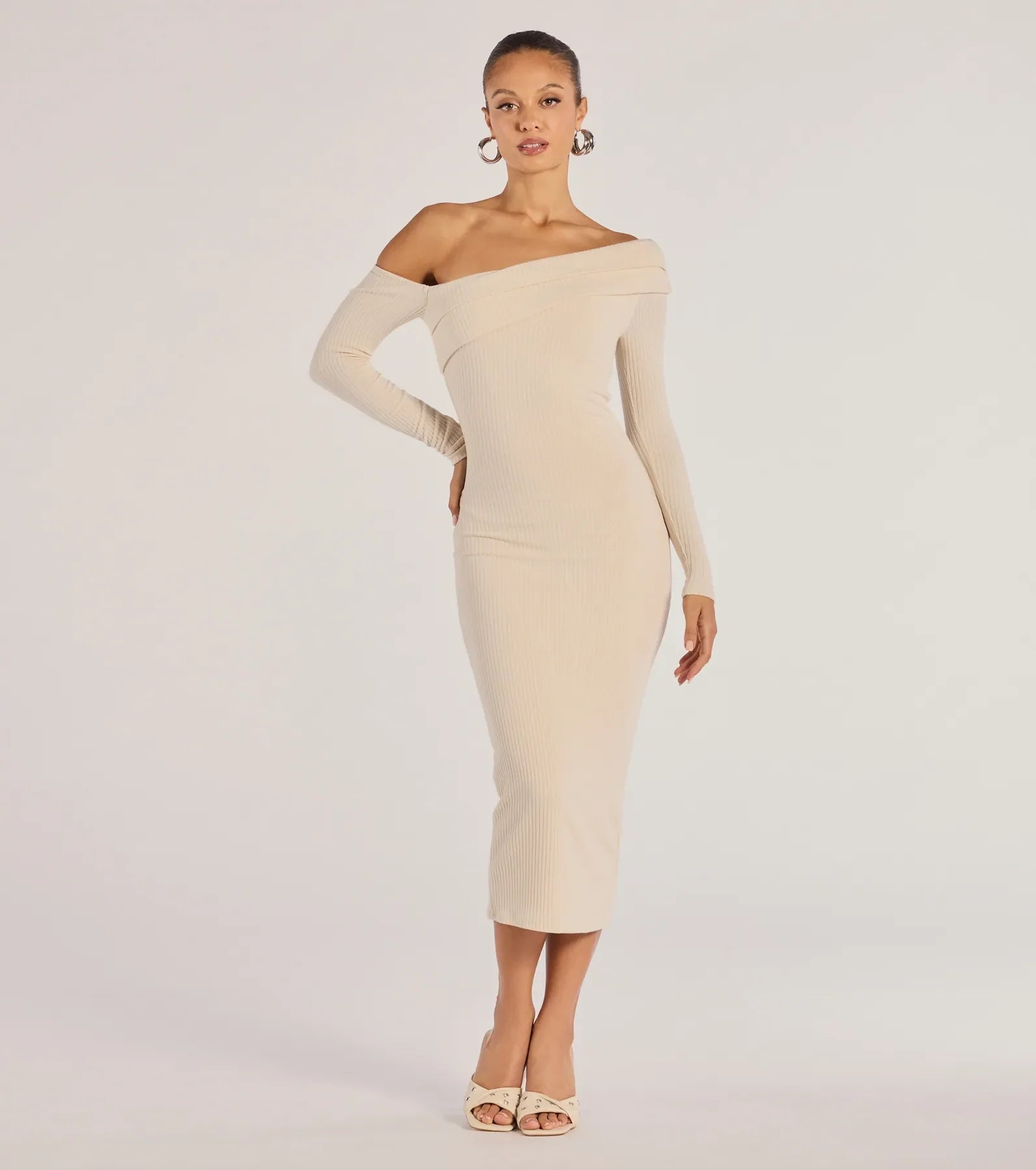 Windsor Sharp Lines Asymmetrical Long Sleeve Midi Dress