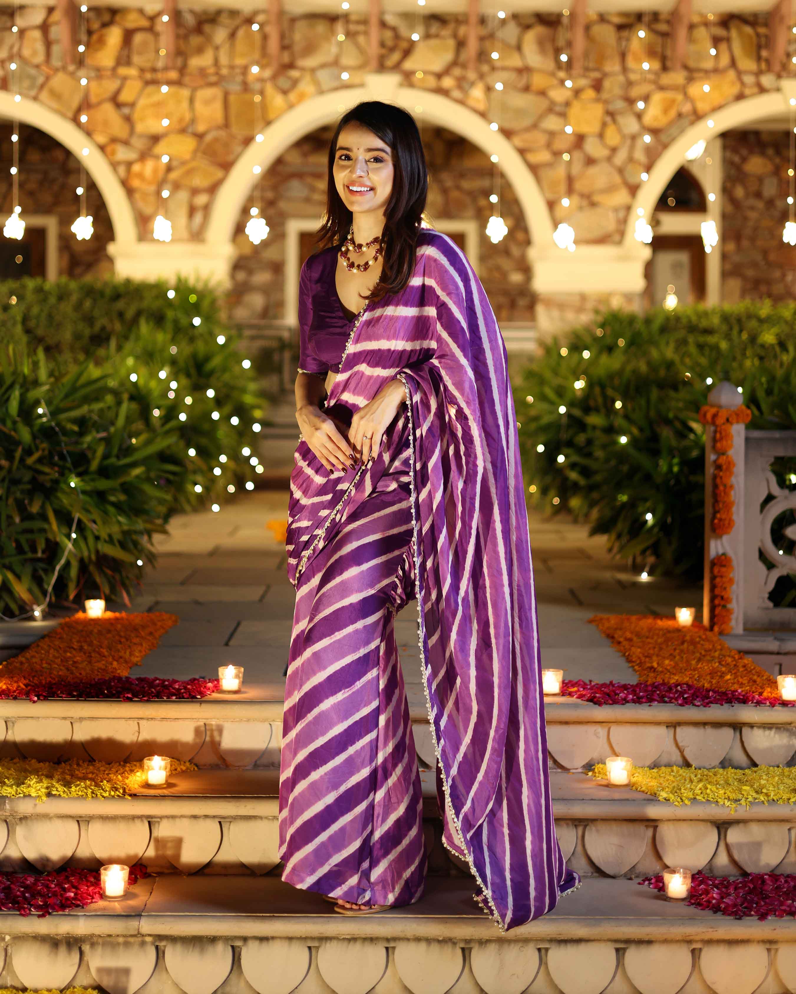 Aachho Kimaya Purple Leheriya Silk Pre Draped Saree