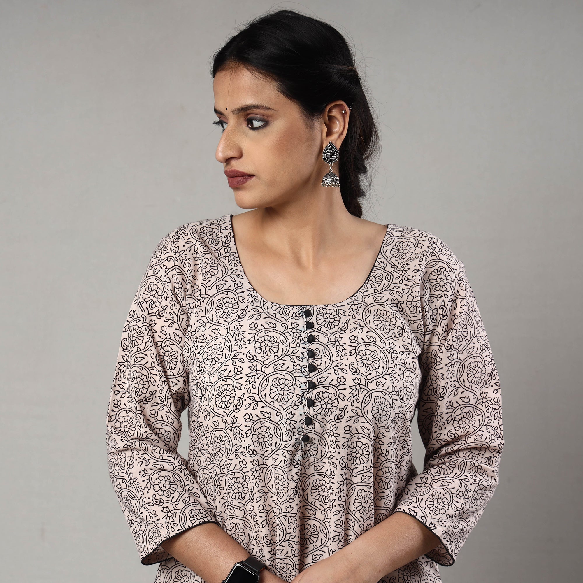 ITOKRI CASUALS Beige - White & Black - Block Print Cotton A-Line Bagh Kurta - view 5