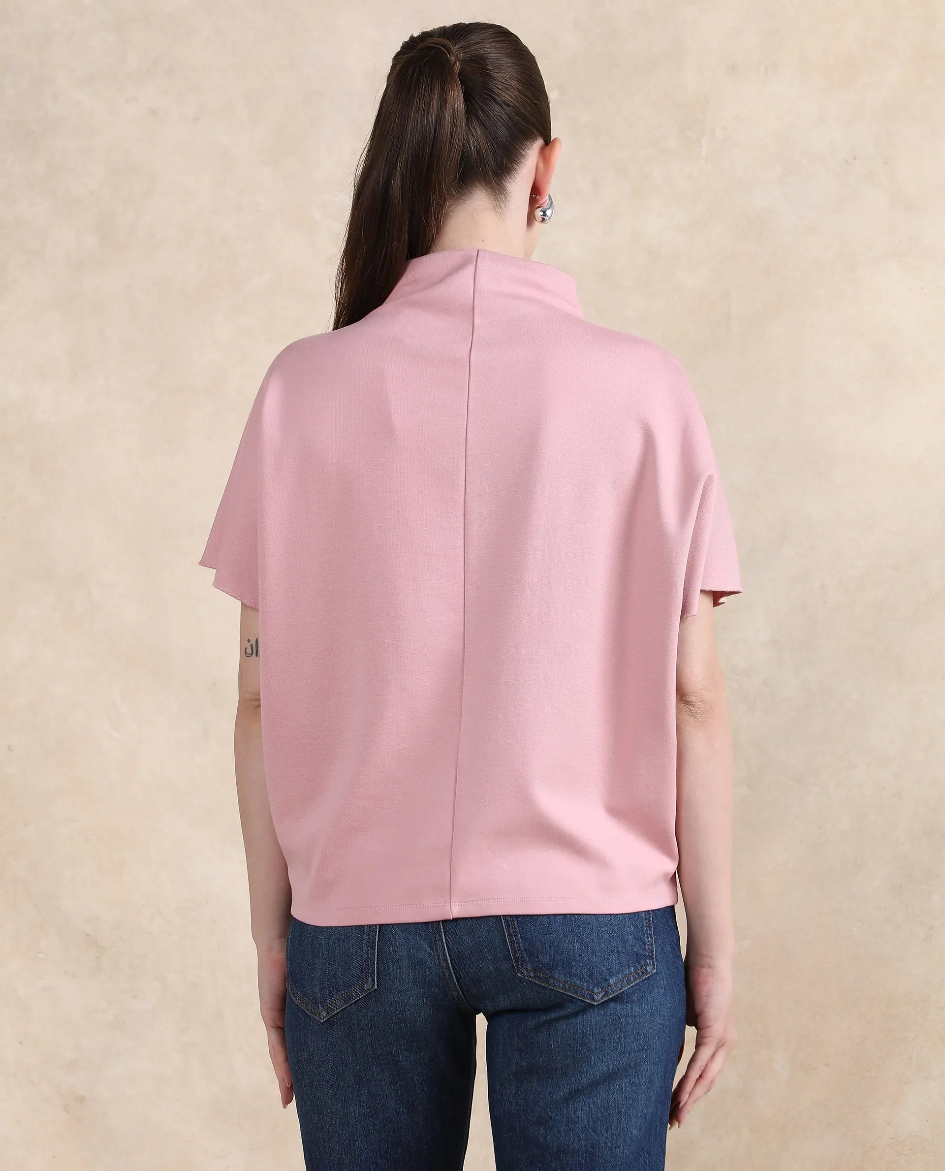 Rareism Women Worknet Pink Cotton Viscose Fabric Extended Sleeves High Neck Relaxed Fit Plain Top - view 7