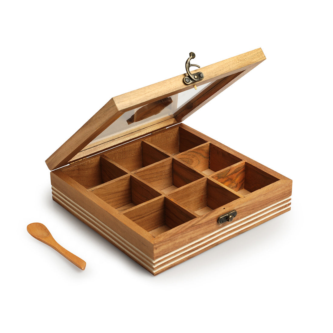EXCLUSIVELANE 'Mystic Owl' Hand-Engraved Spice Box With Spoon In Teak Wood (9 Fixed Partitions, 110 ml) - view 3