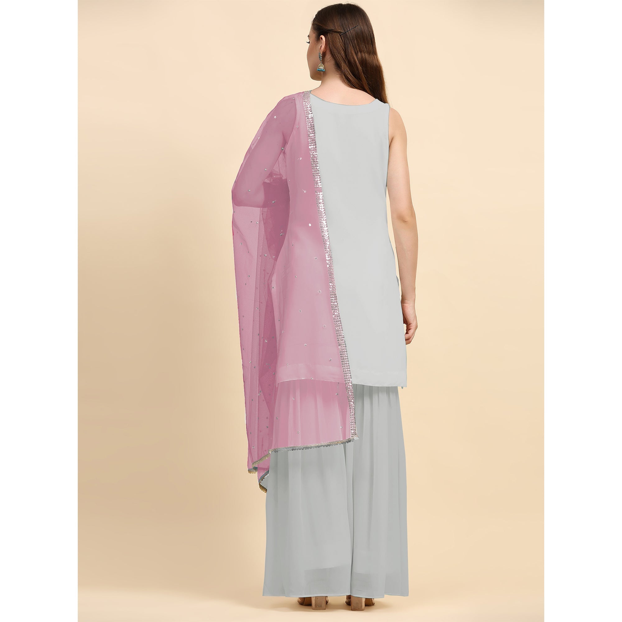 Peachmode Grey Sequins Embroidered Georgette Semi Stitched Suit - view 6