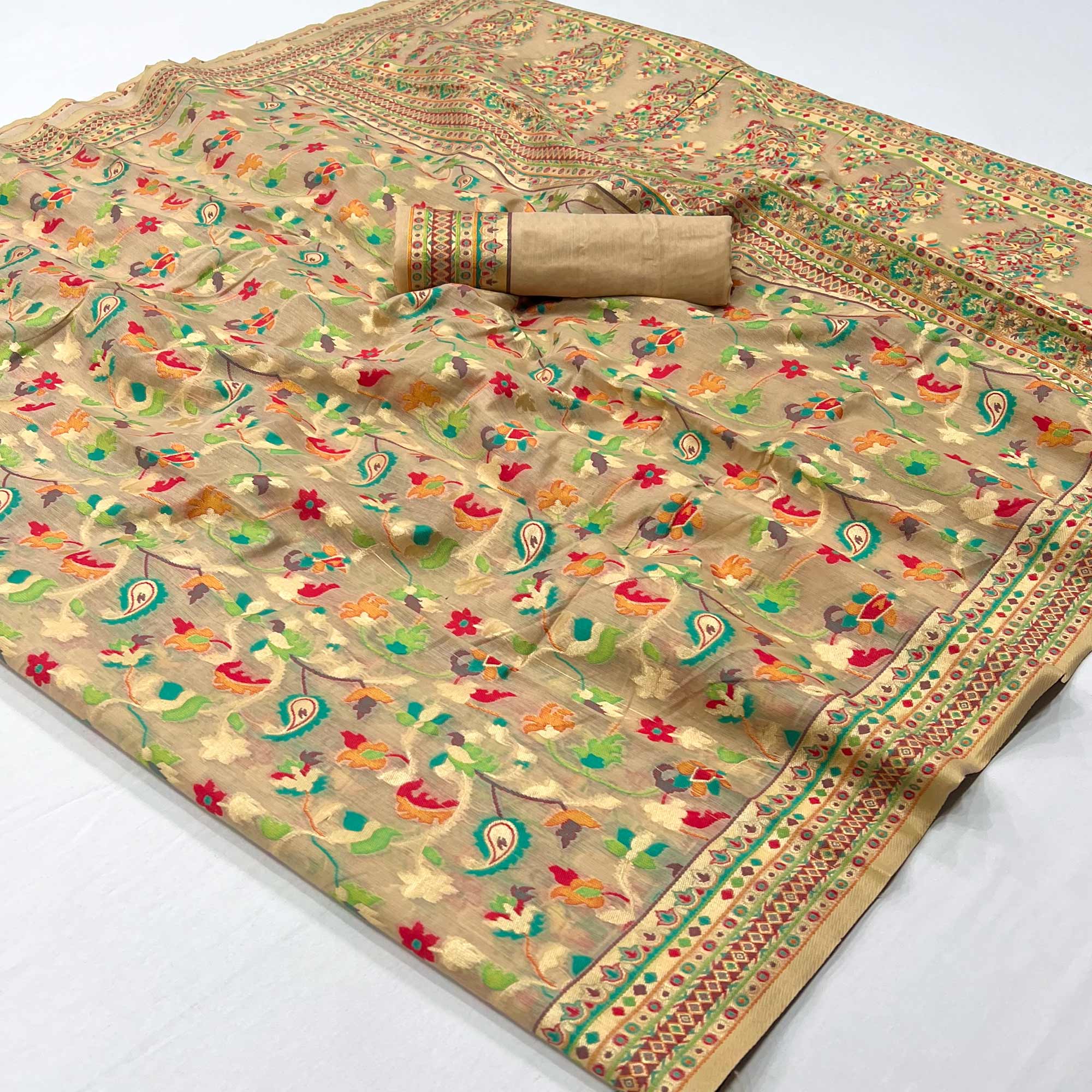 Peachmode Chikoo Floral Woven Cotton Blend Saree