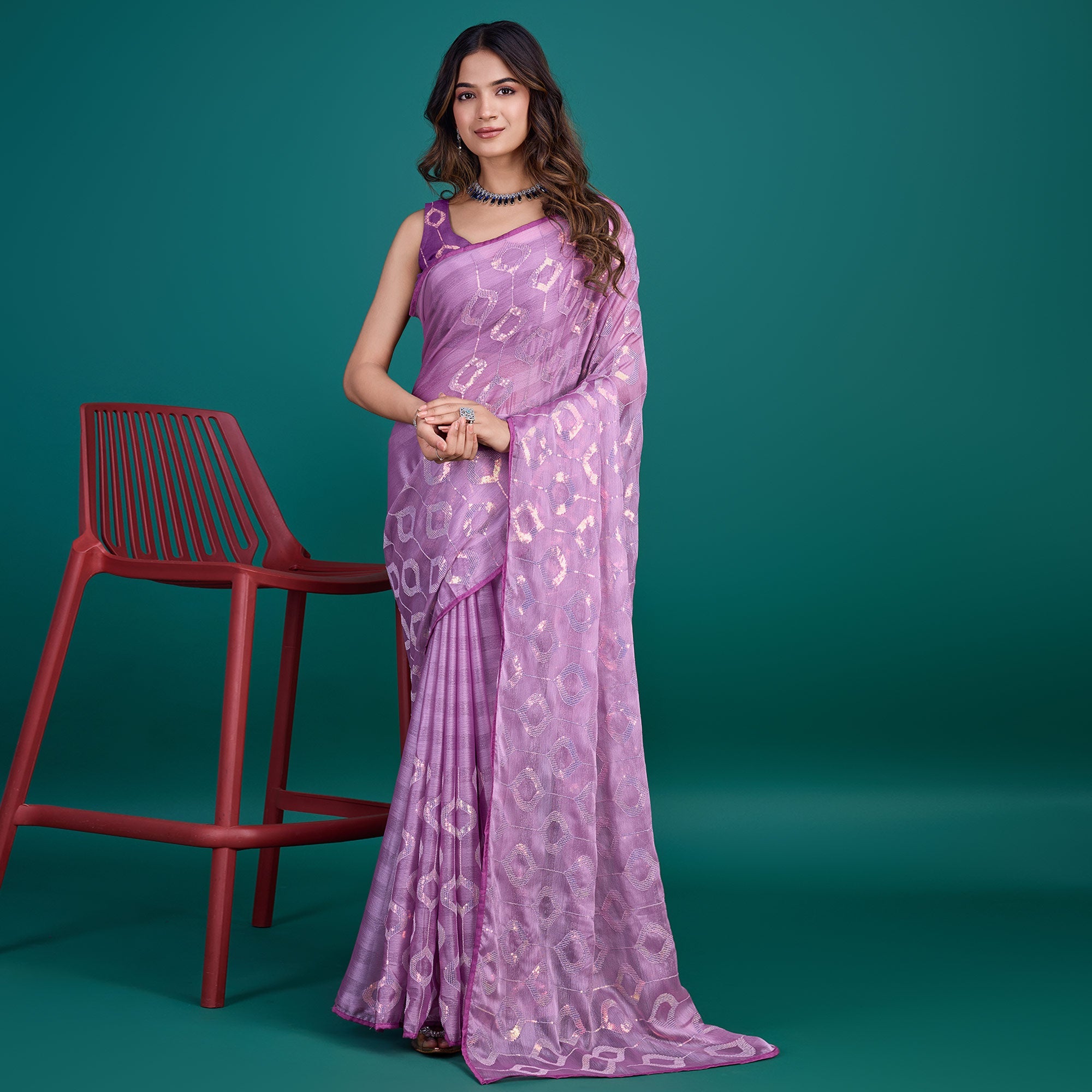 Peachmode Lavender Sequin Embroidered Georgette Saree - view 2