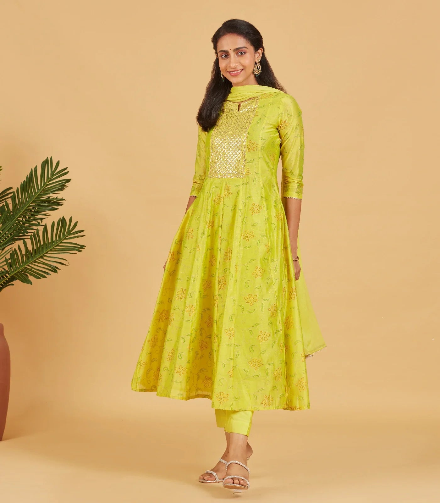 RmKV Yellow Green Kurta Set With Matching Dupatta