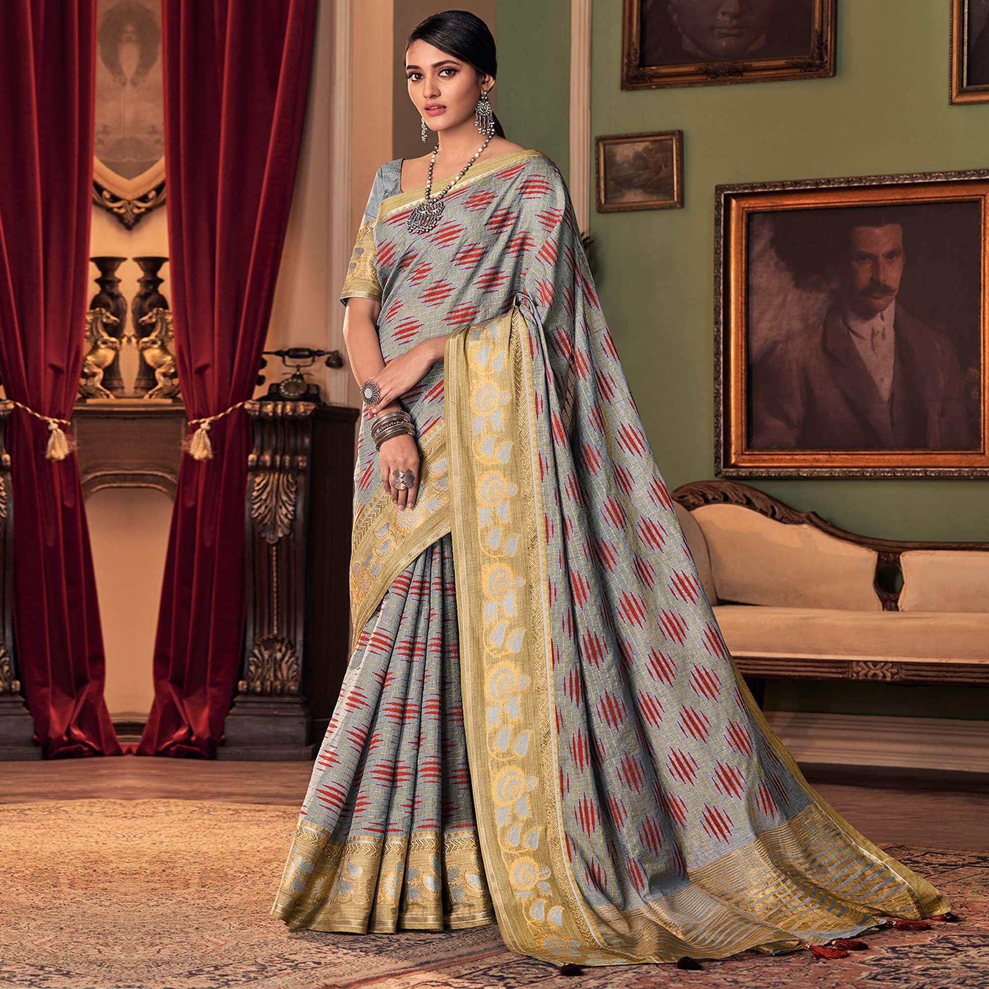 Peachmode Eye-catching Grey Colored Festive Wear Printed And Woven Border Silk Saree