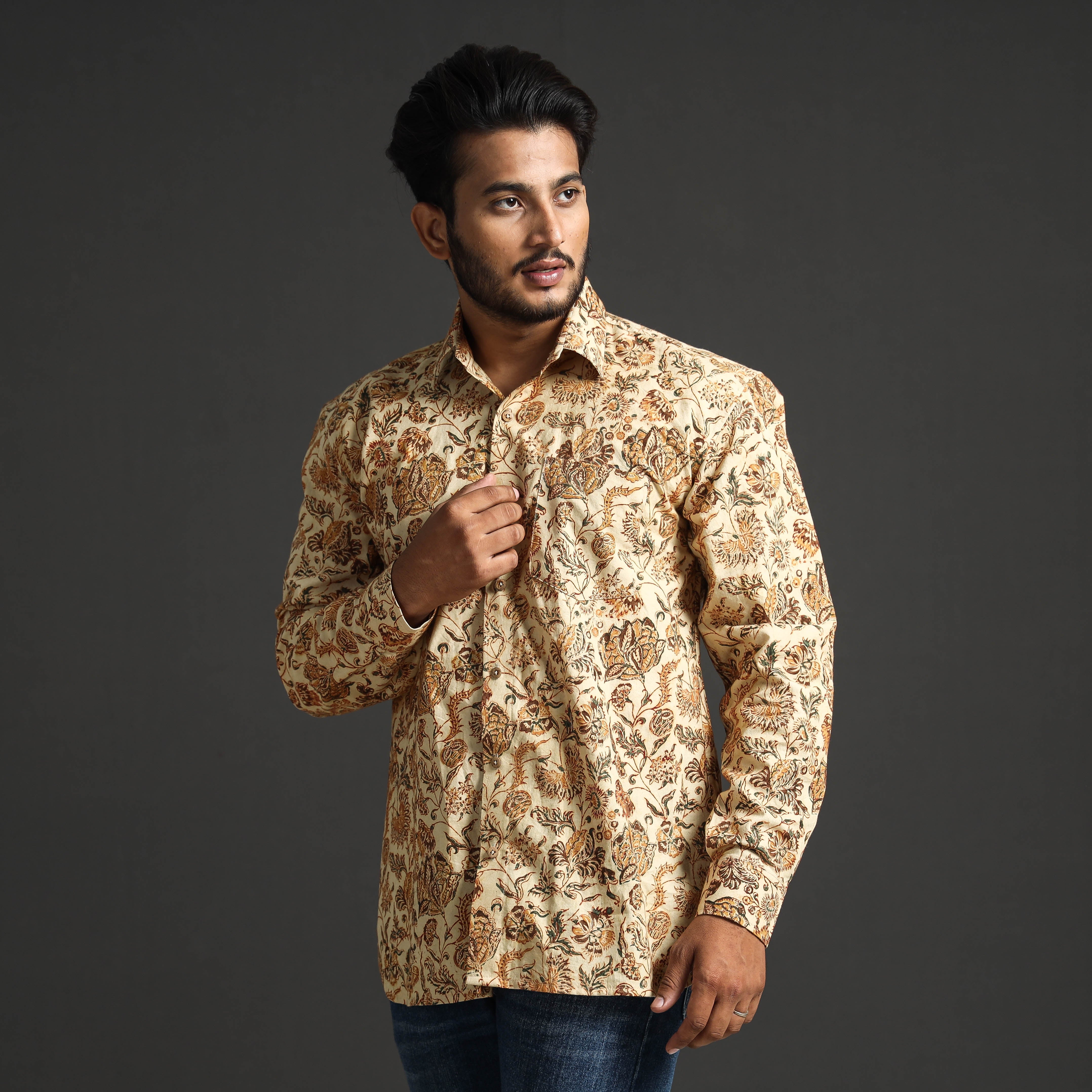 ITOKRI CASUALS Beige - Premium Pedana Kalamkari Block Printed Cotton Men Full Sleeve Shirt - view 4