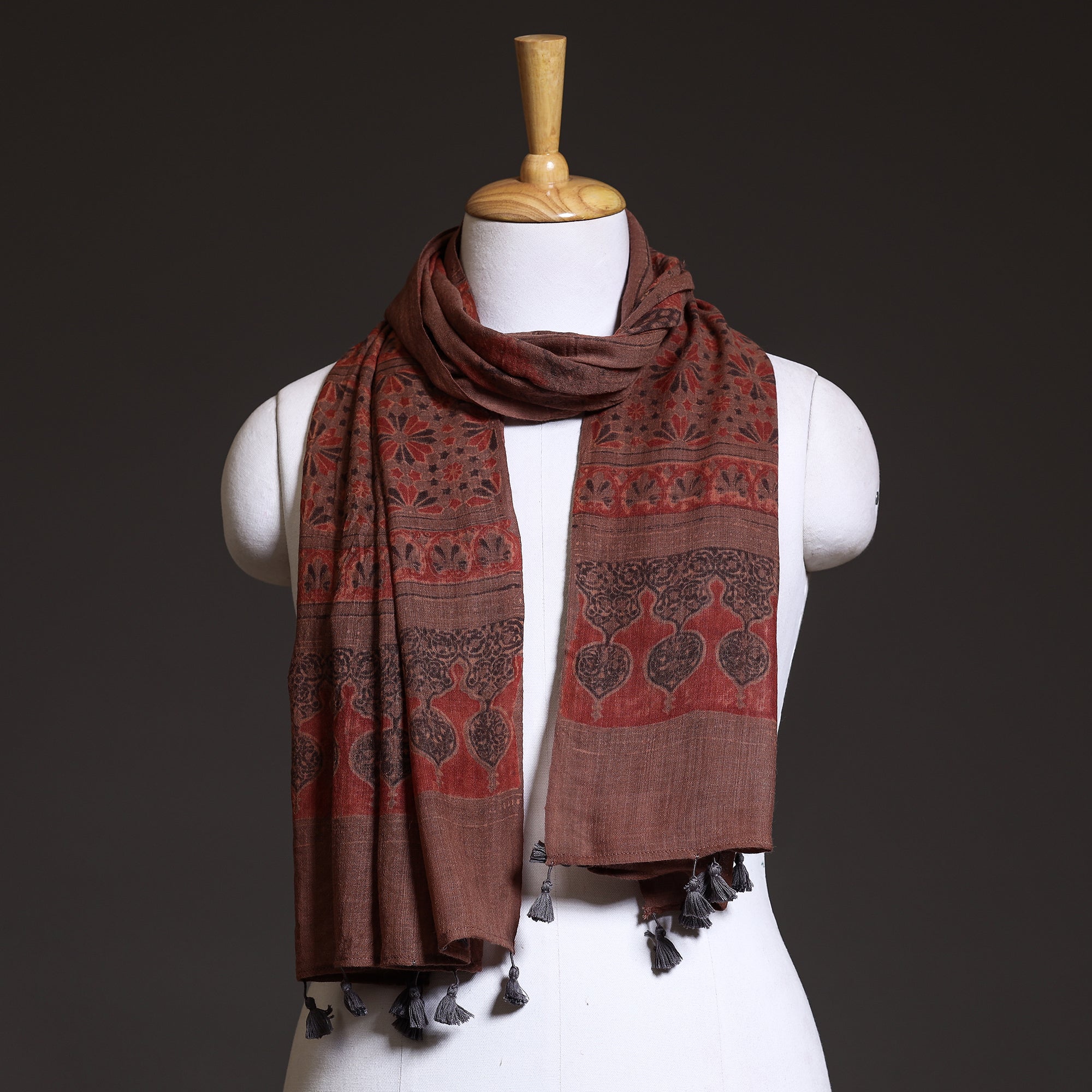AJRAKH BY SUFIYAN ISMAIL KHATRI Brown - Block Print Woolen Ajrakh Stole