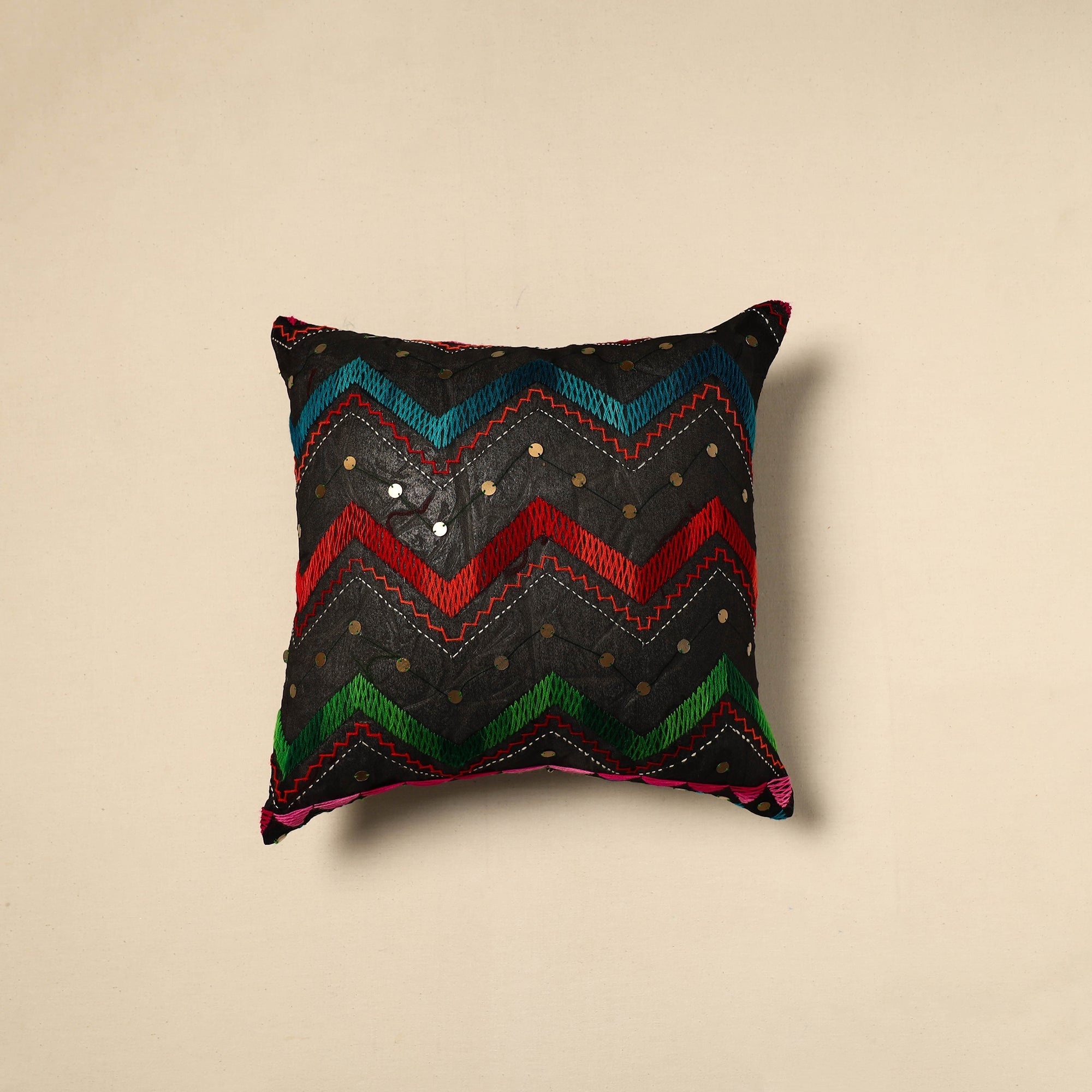 JALPARI Black - Silk Cotton Phulkari Embroidered Cushion Cover 04