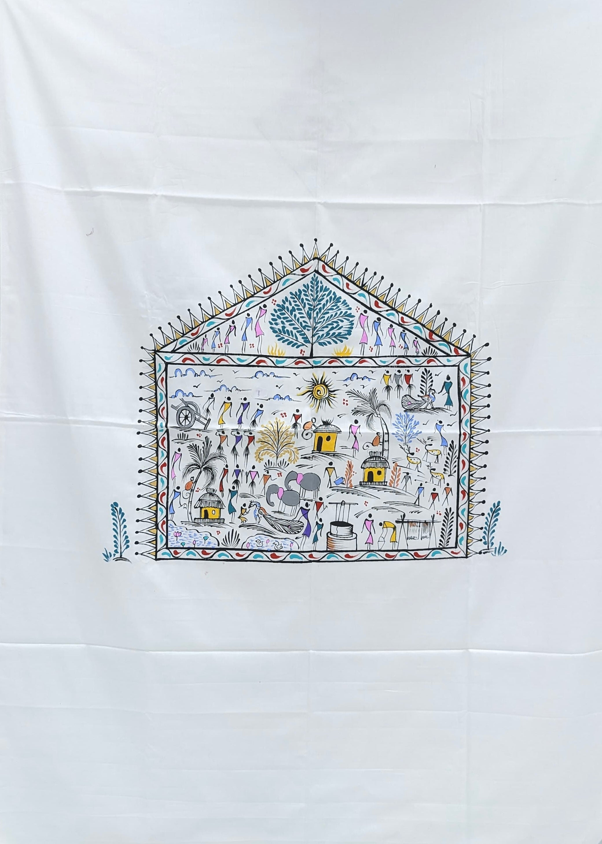 IndianVillèz White Saura Art Pattachitra Kurta Cotton Dress Material (Unstitched)