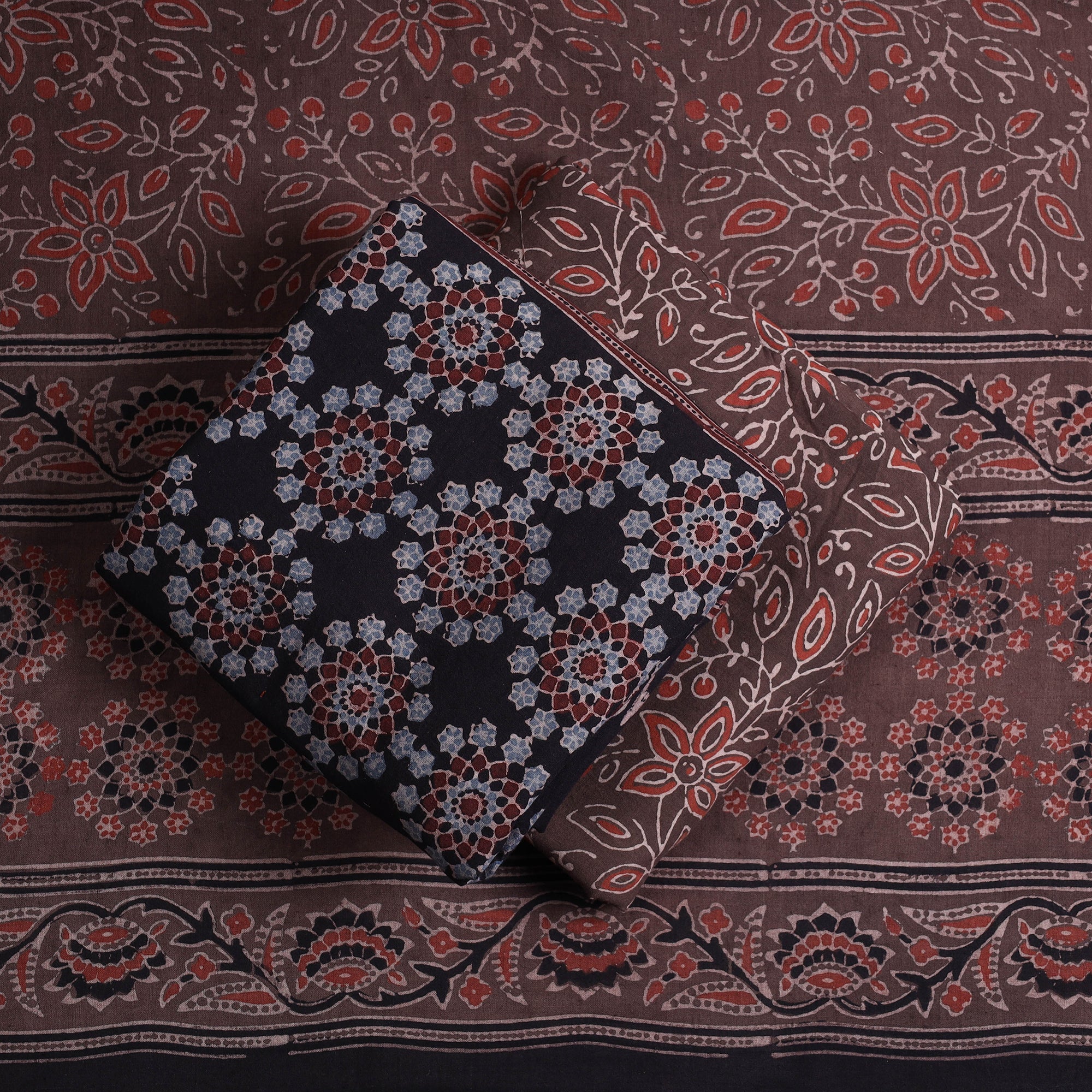 AJRAKH BY JABBAR KHATRI Black - Kutch Block Print Cotton 3pc Ajrakh Dress Material 10 - view 2