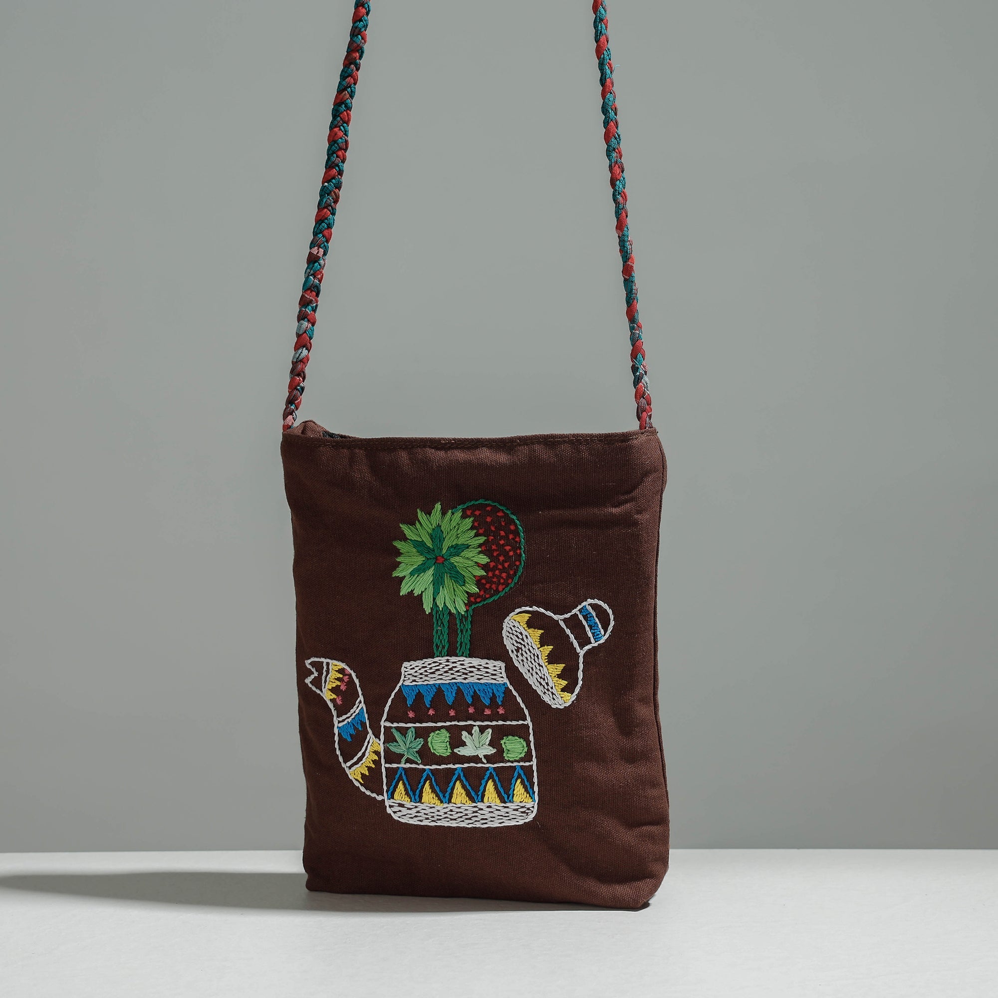 RANGILA DHAGA Brown - Cotton Fabric Hand Embroidered Sling Bag - view 2