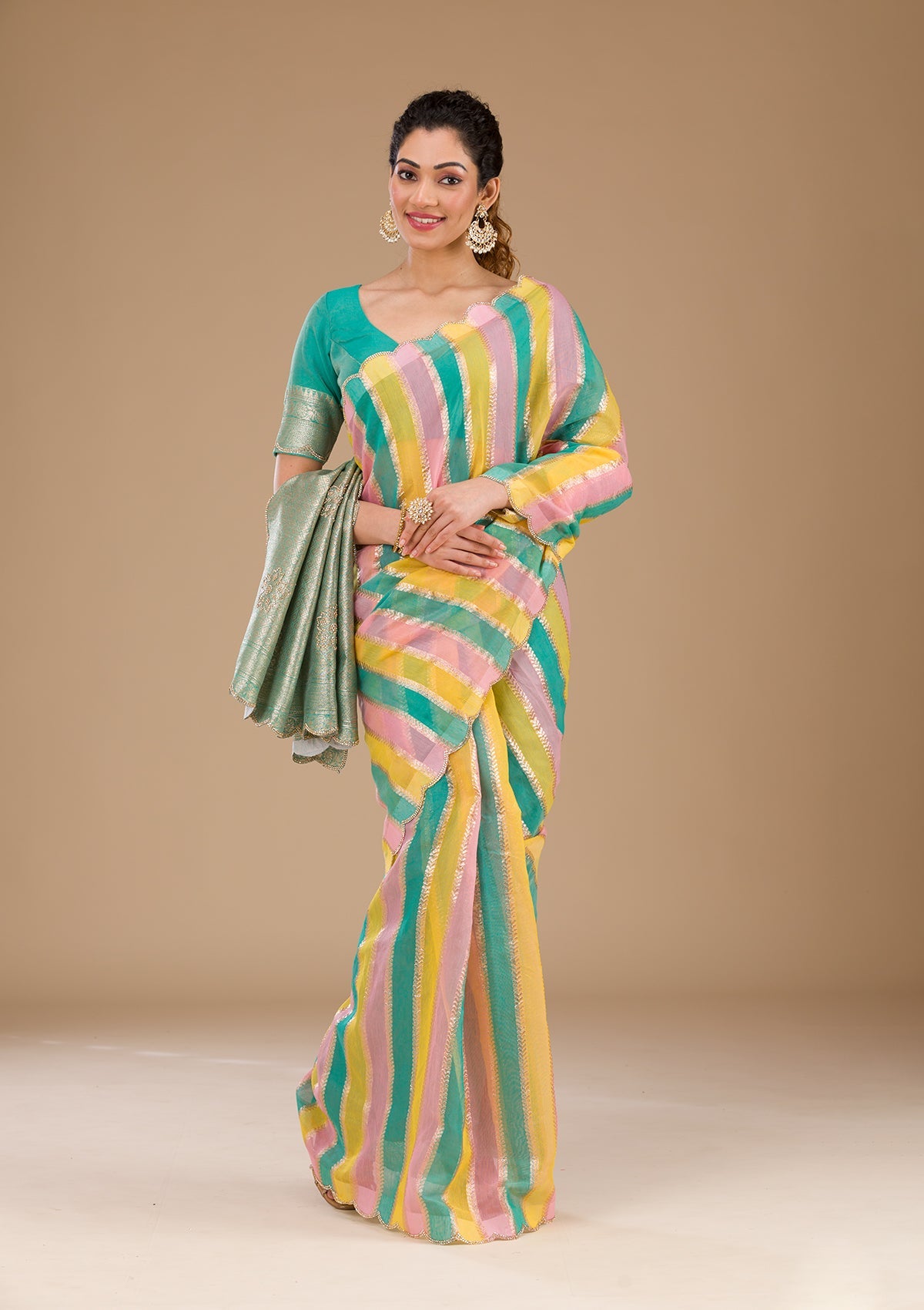 Koskii Sea Green Zariwork Tissue Saree – Women's